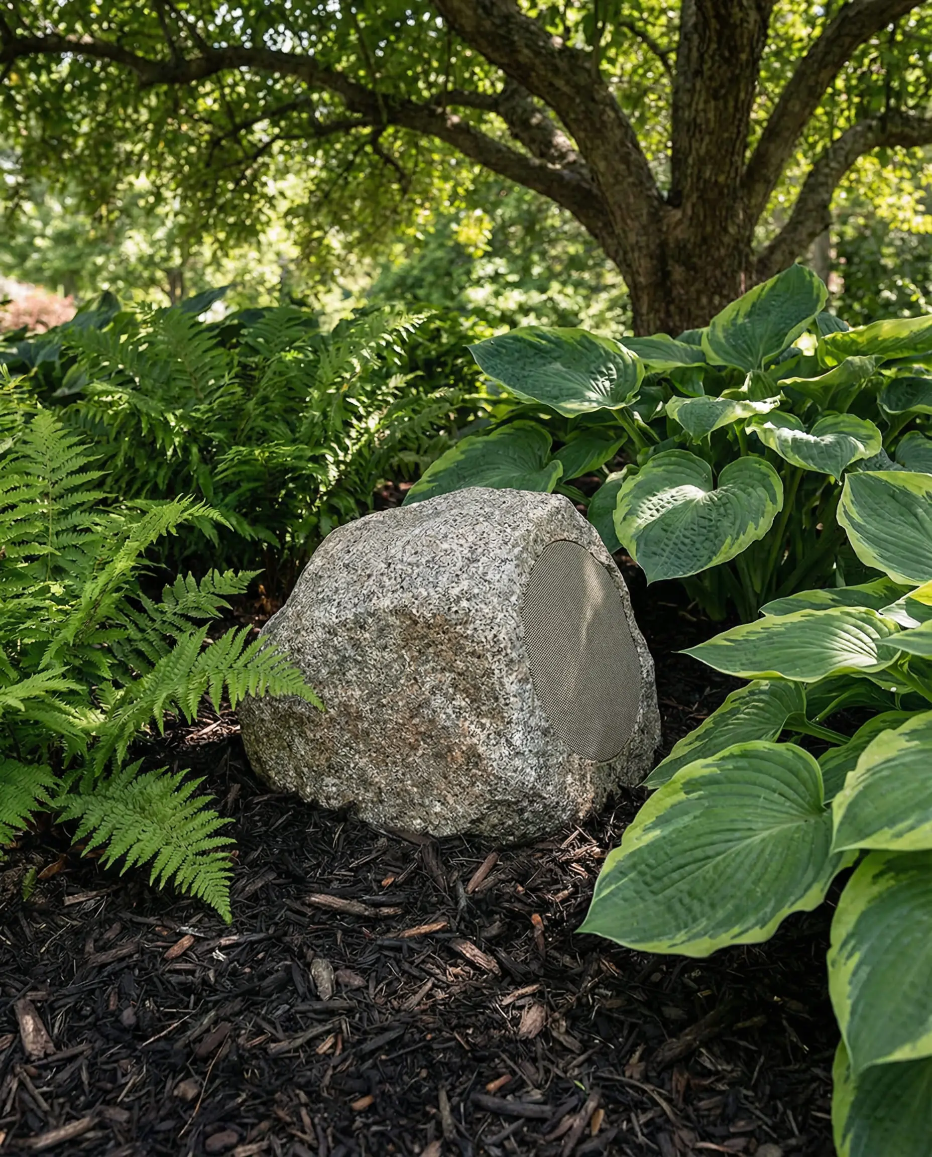 Outdoor speaker designed to look like a granite rock hidden among ferns in a garden bed.