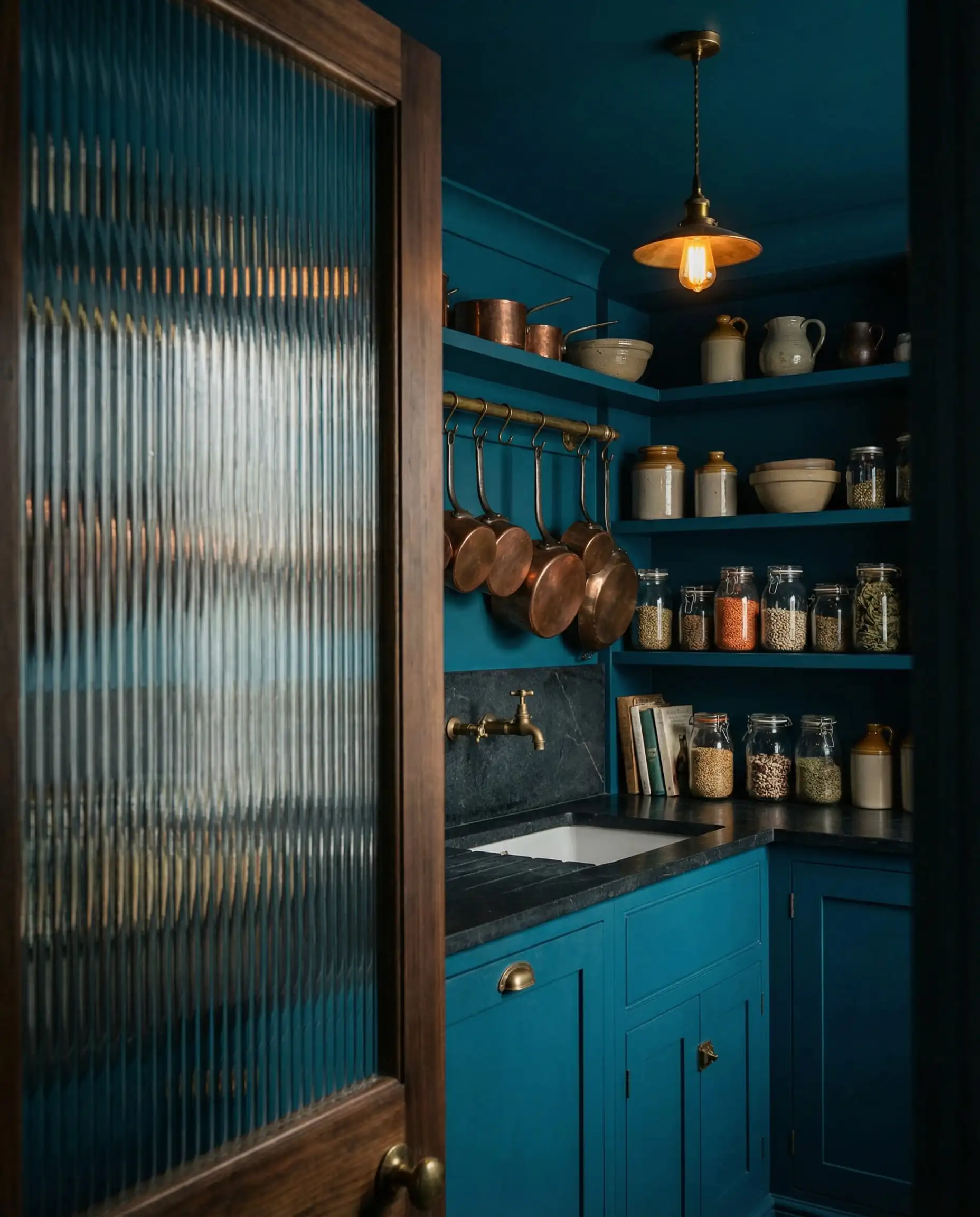 View through reeded glass door into a moody teal scullery prep kitchen with copper pots.