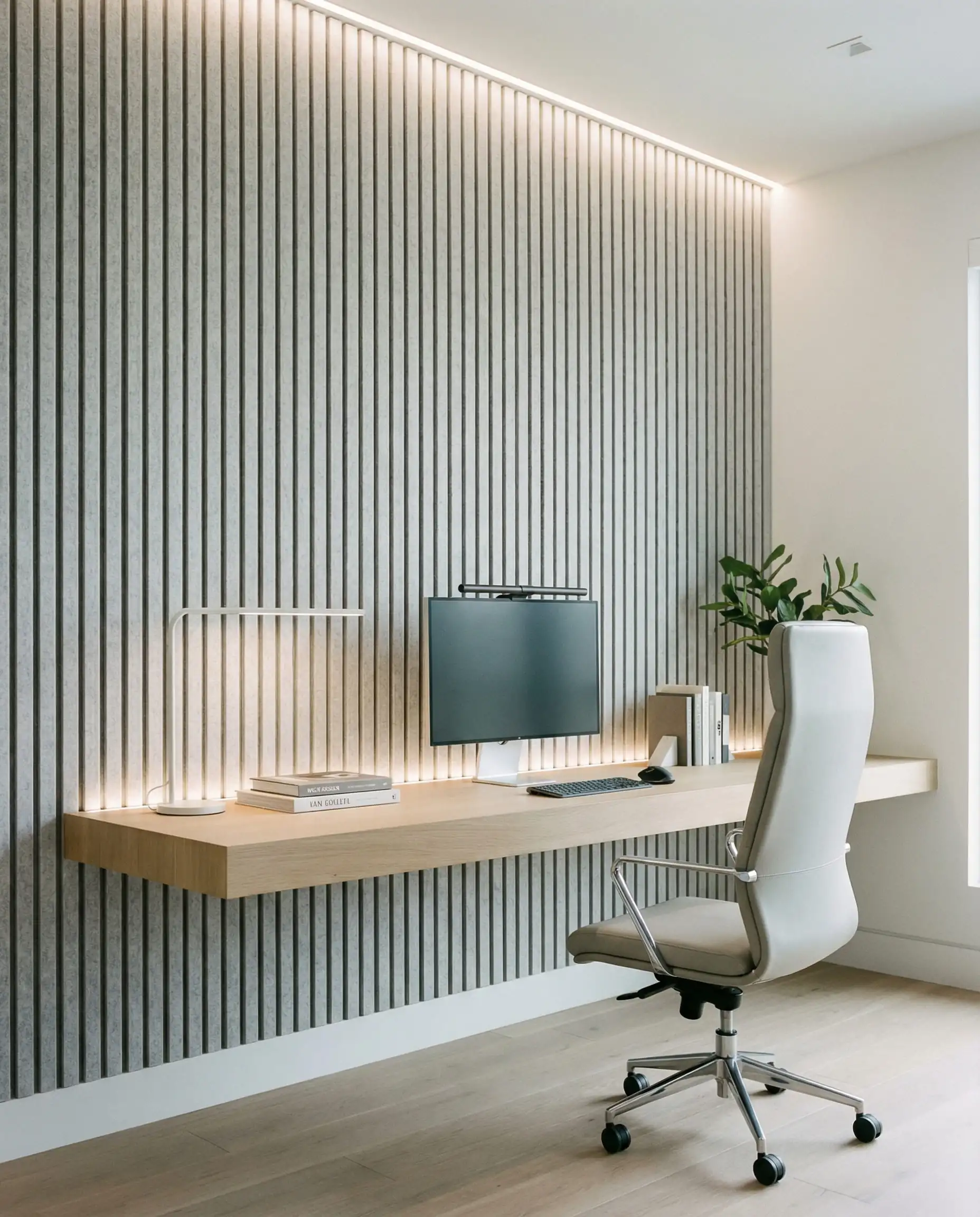 A modern home office with the wall behind the desk covered in sleek, vertical acoustic felt slats in a neutral light grey, resembling high-end wood millwork. This home office features Light neutral grey, white oak, and clean white tones and a focused, functional, professional atmosphere.