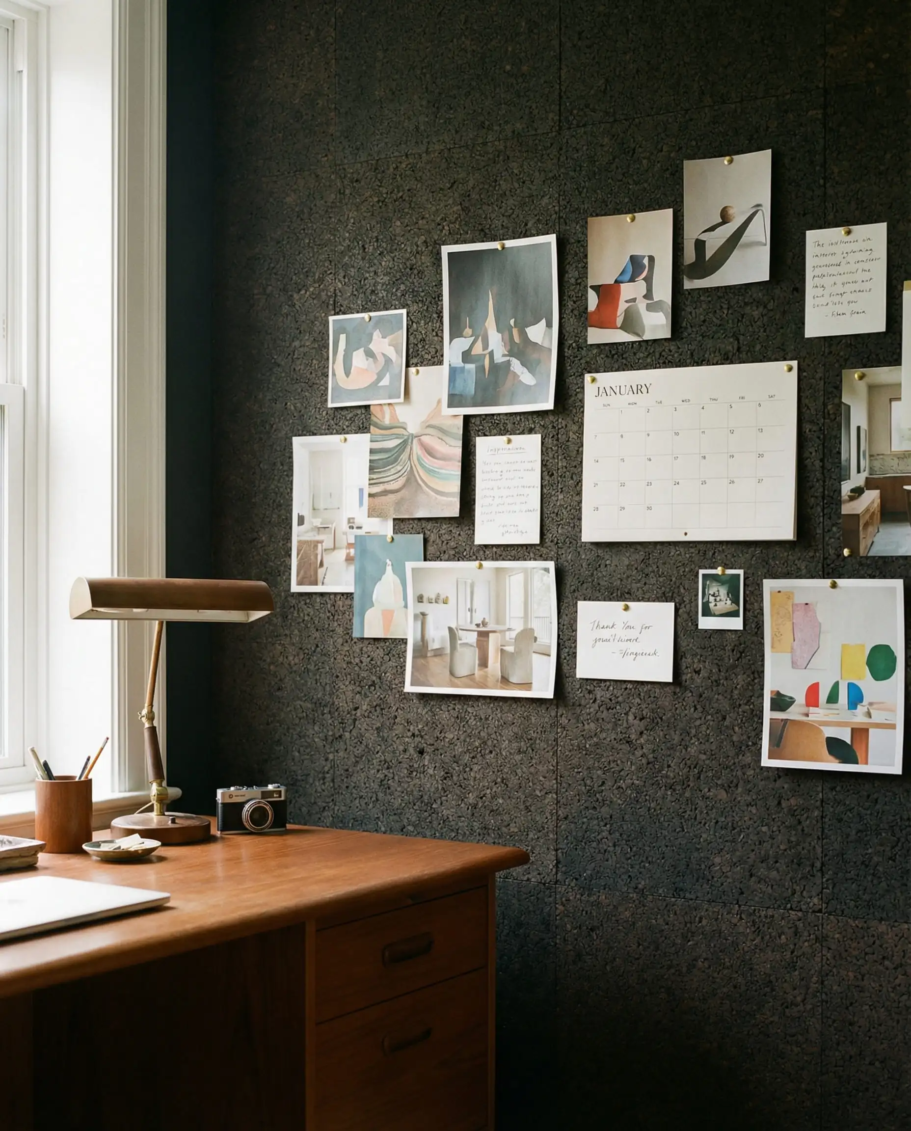 A creative home office with a full wall covered in dark-stained, charcoal cork sheets. This home office features Deep charcoal cork, warm wood tones, and small pops of colorful pinned items tones and a organic, creative, functional atmosphere.