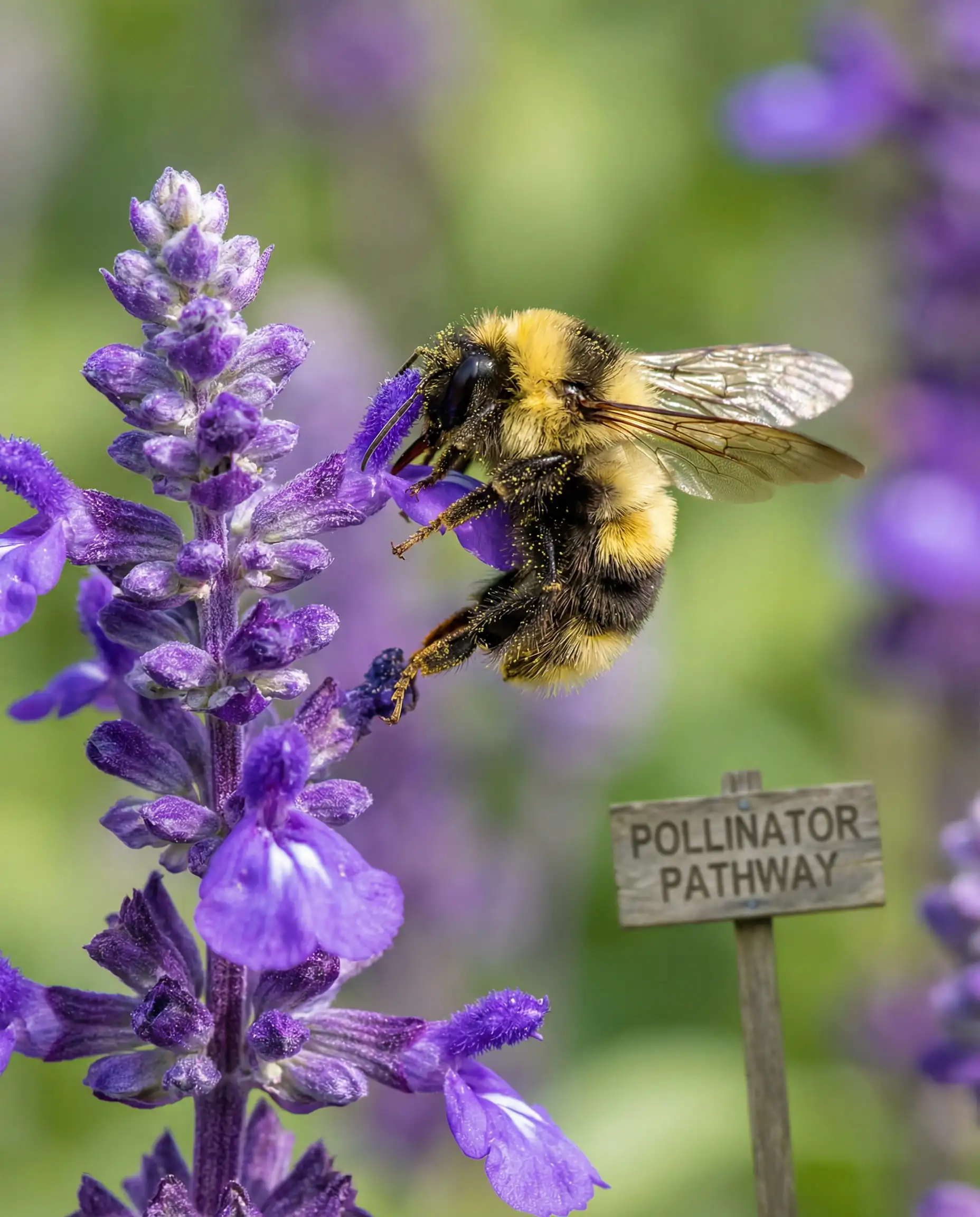 Macro shot of a honey bee collecting pollen from a purple salvia flower in a pollinator-friendly garden.