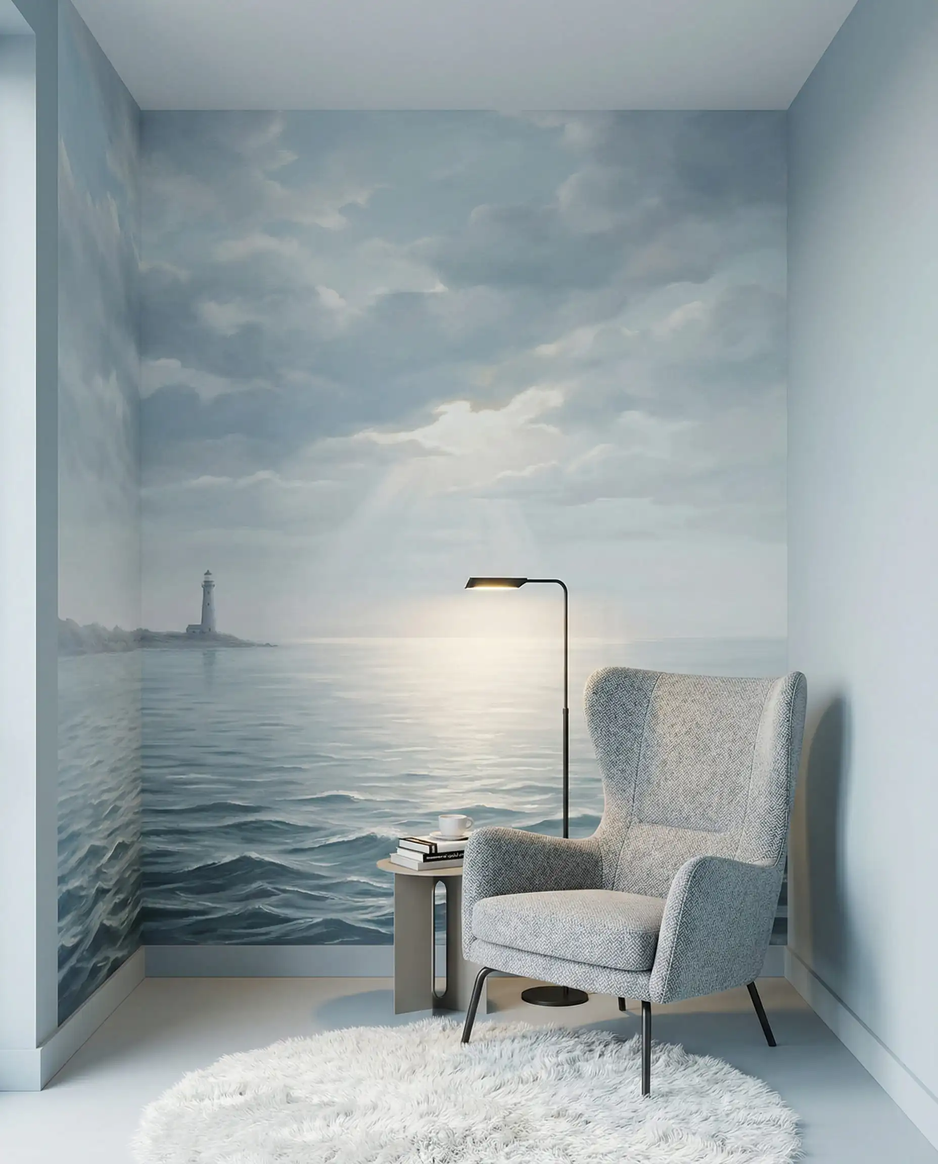 Small reading nook featuring a wallpaper mural of a distant horizon line to visually expand the depth of the room.