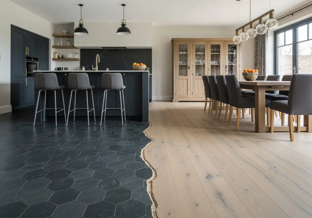 Un espace luxueux Ă aire ouverte prĂ©sentant une transition harmonieuse entre les carreaux d'ardoise hexagonaux foncĂ©s de la zone de travail de la cuisine et le parquet en chĂȘne clair Ă larges lames de la zone salle Ă manger.