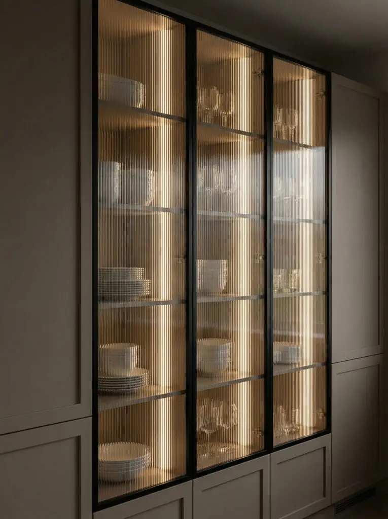 Les hauts placards de cuisine taupe sont dotés de portes en verre cannelé avec un éclairage LED interne intégré diffusant une lumière chaleureuse.