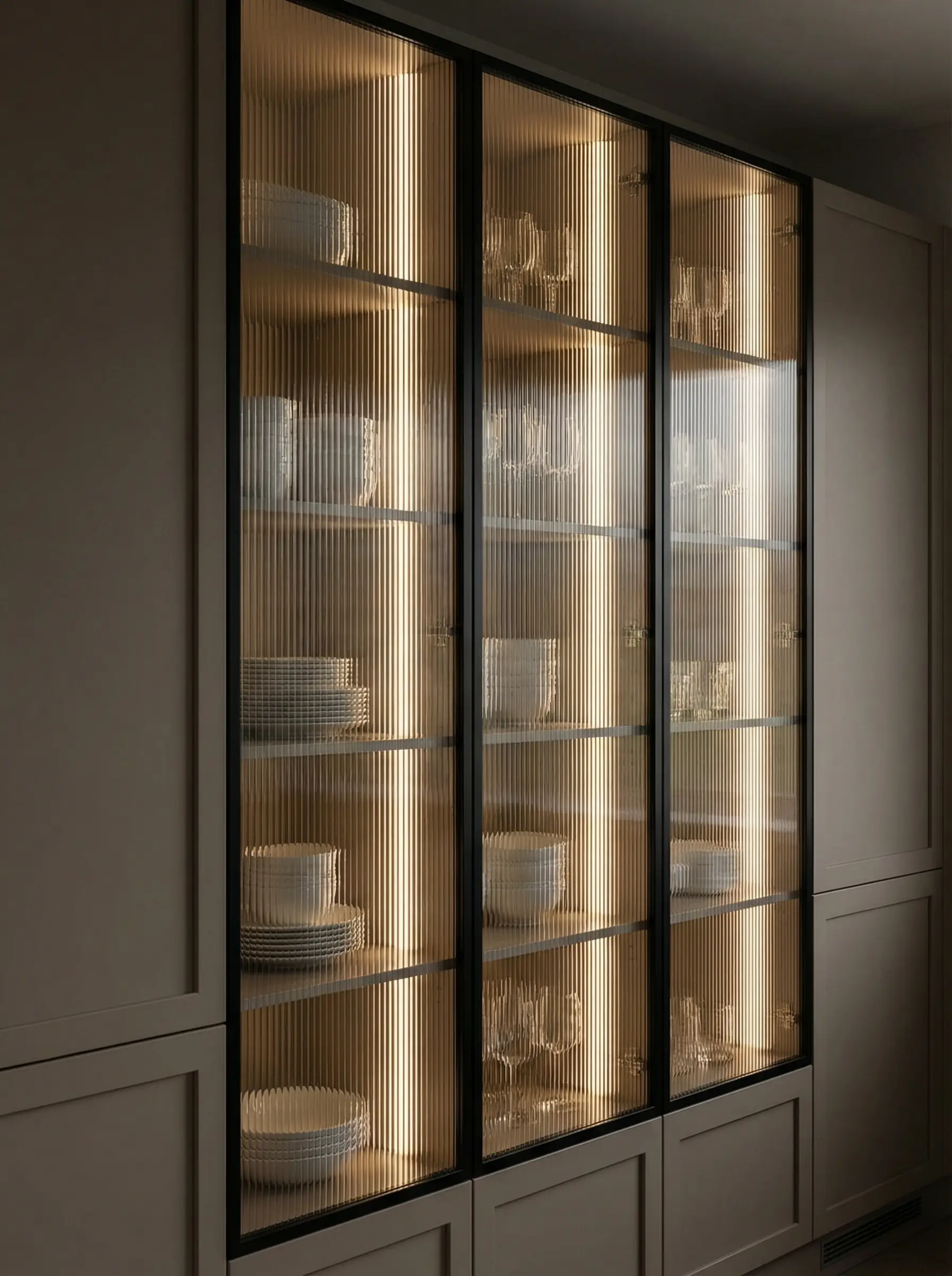 Tall taupe kitchen cabinets feature fluted glass doors with integrated internal LED lighting glowing warmly.