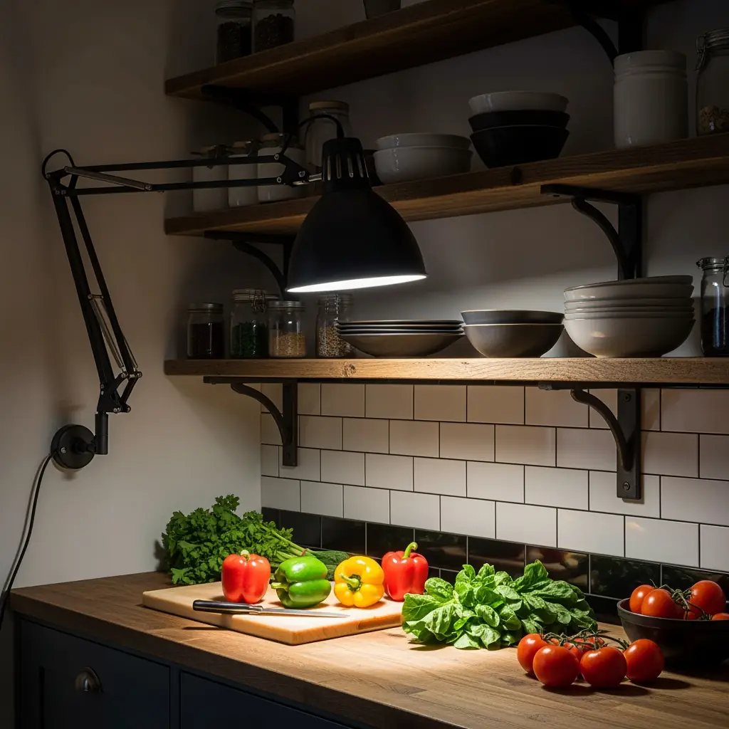A matte black articulating arm wall lamp illuminates open wooden shelving and a white subway tile backsplash.