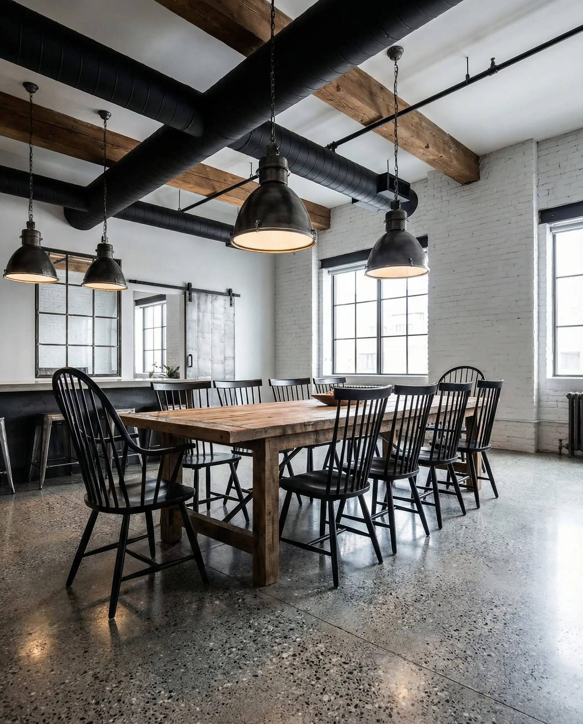 Open plan dining room with polished concrete floors, exposed steel ductwork, and rustic wood table.