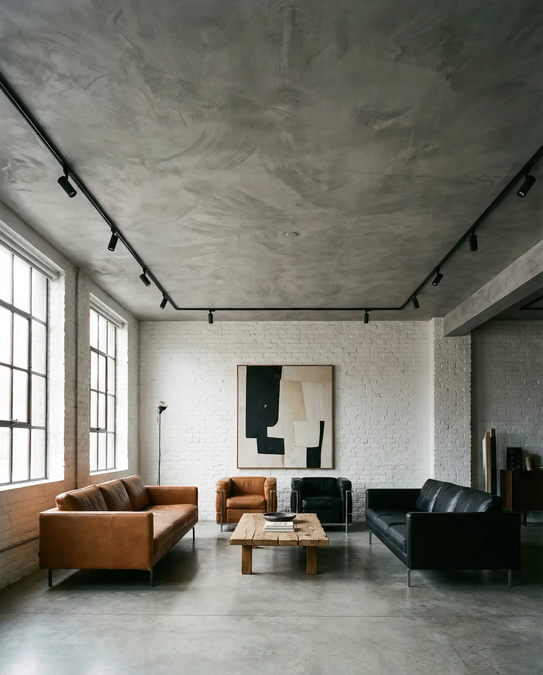 Salon de style industriel avec un plafond en microciment gris et des spots sur rail noirs apparents.