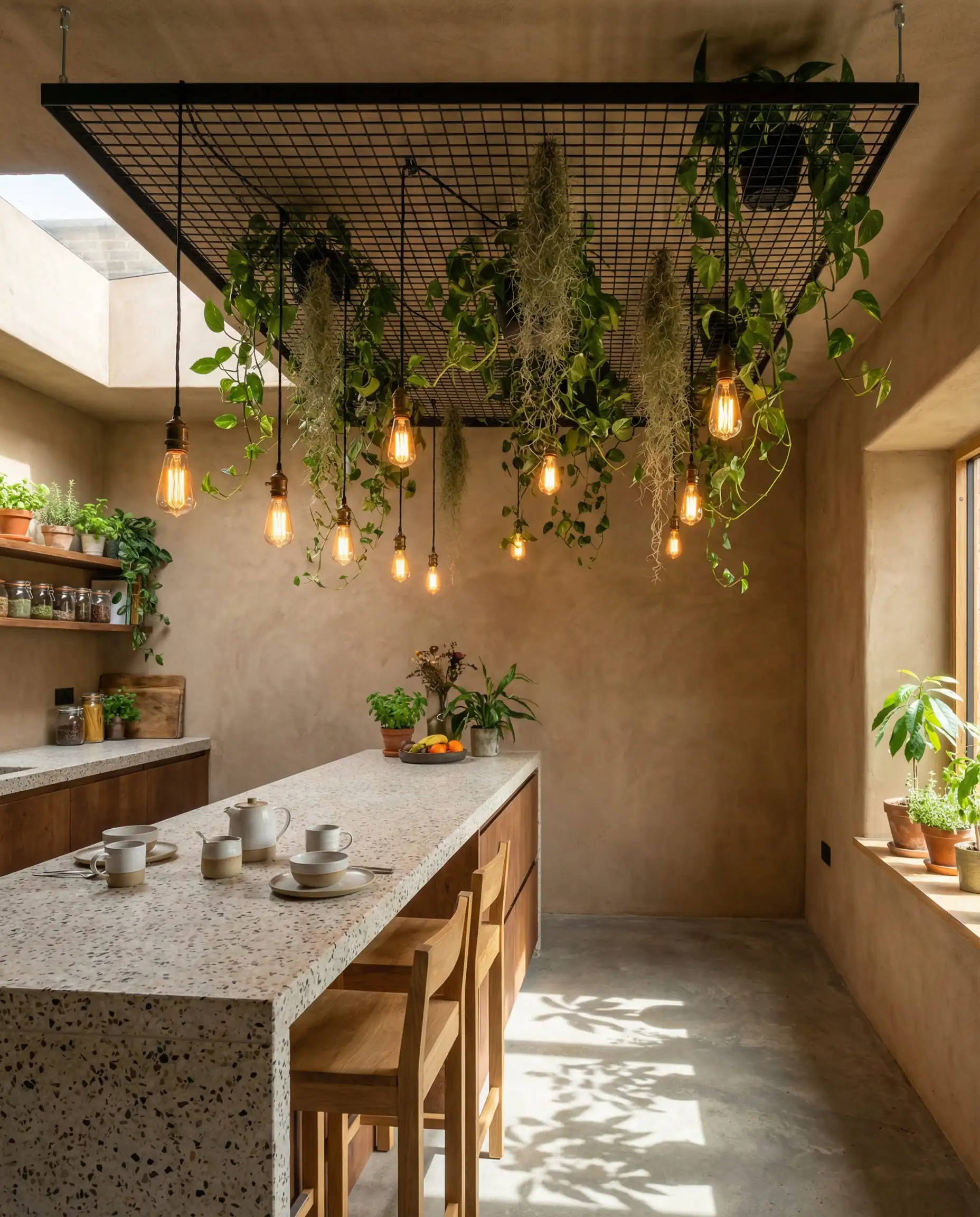 Cuisine moderne avec un plafond suspendu en grille métallique noire supportant des plantes retombantes et des ampoules Edison.