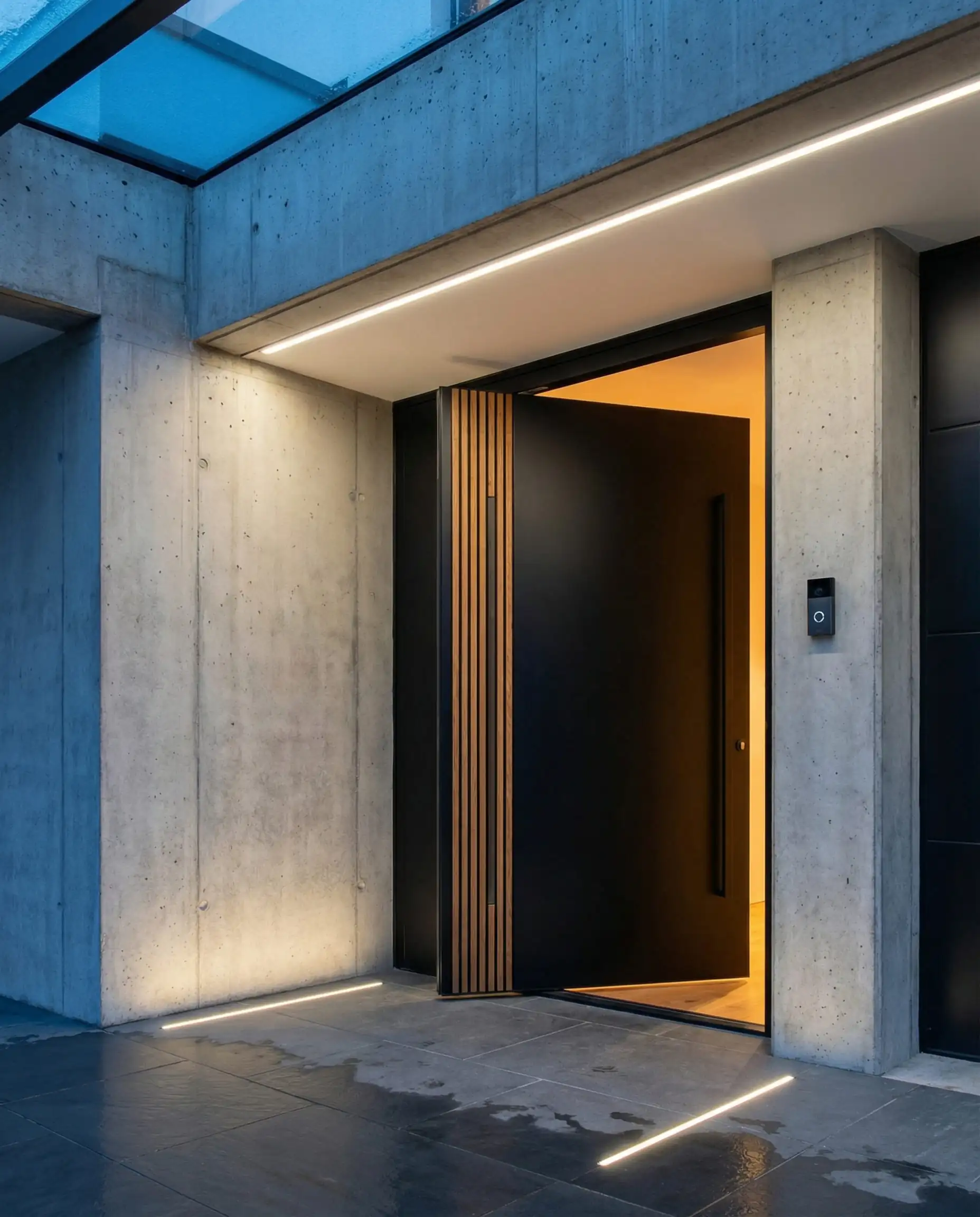 Entrée de style industriel moderne avec porte pivotante noire, murs en béton et éclairage LED chaleureux.