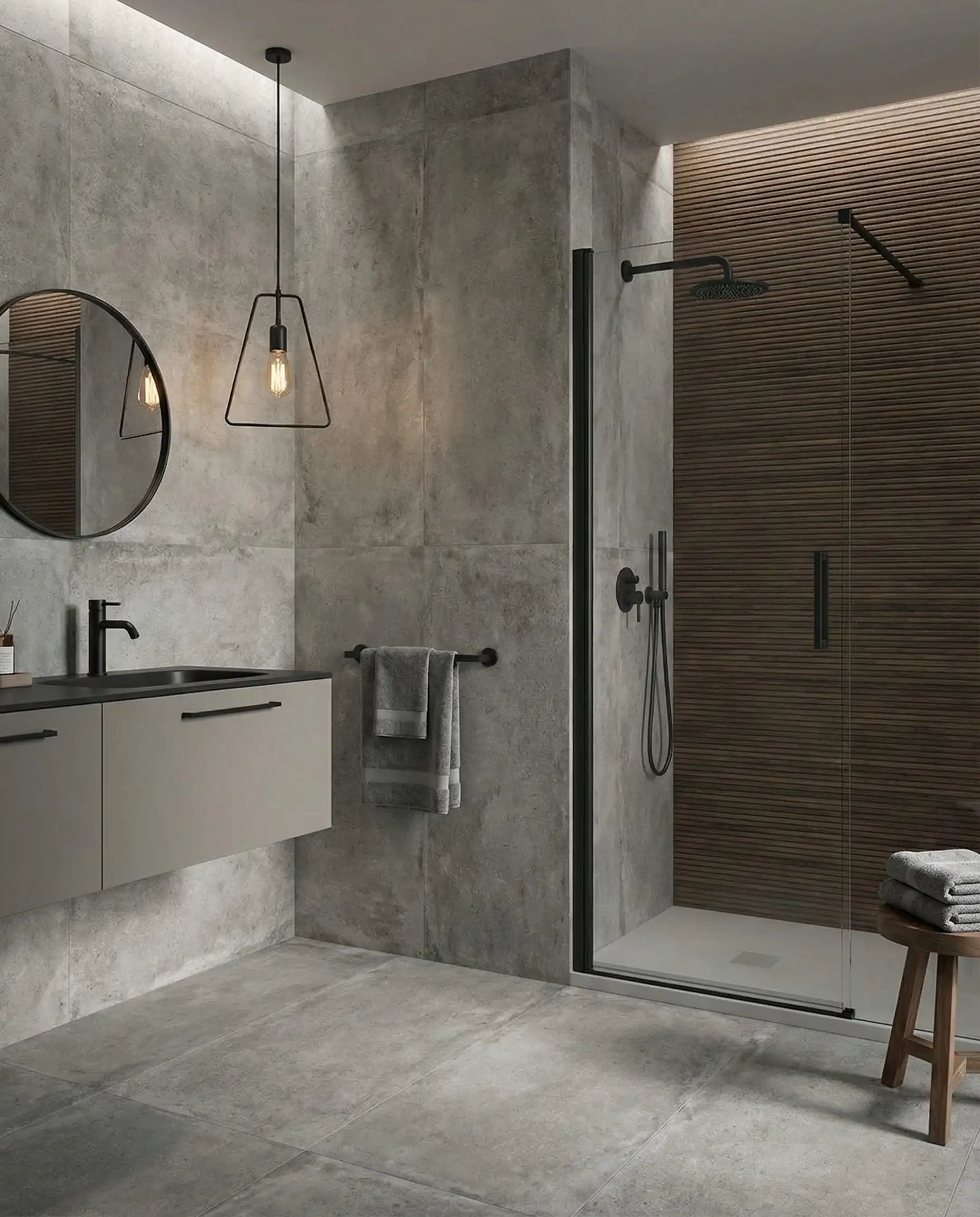 Une salle de bain Industrielle Douce élégante et masculine. Murs (Base) : Carreaux de porcelaine grand format qui imitent parfaitement la texture et la couleur grise mouchetée du béton brut non poli.
