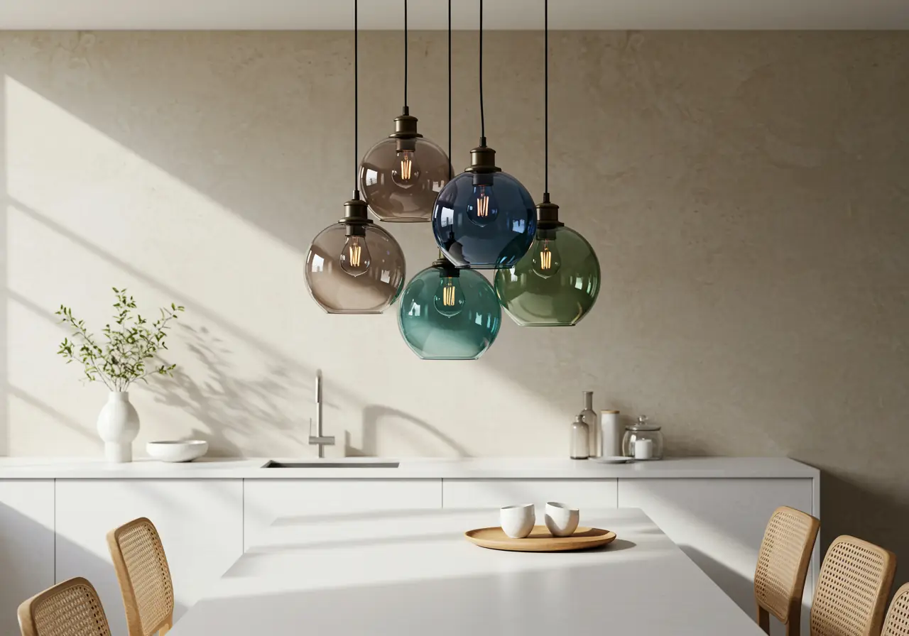 A cluster of five hand-blown, jewel-toned glass pendants in amethyst, sapphire, and emerald hues hangs in a neutral kitchen.