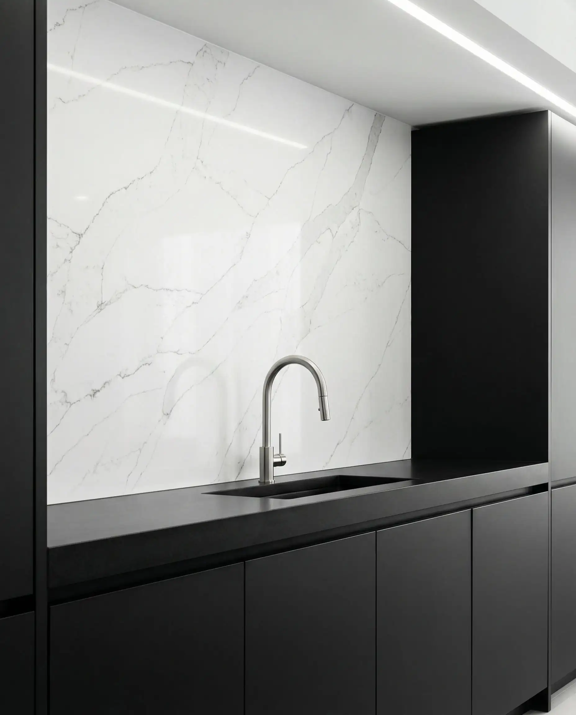 A high-end, minimalist kitchen featuring a full-height slab backsplash in heavily veined, matte white porcelain that runs seamlessly from the countertop to the ceiling. This kitchen features Crisp white, dark charcoal/matte black, and polished stainless steel tones and a clean, durable, sculptural atmosphere.