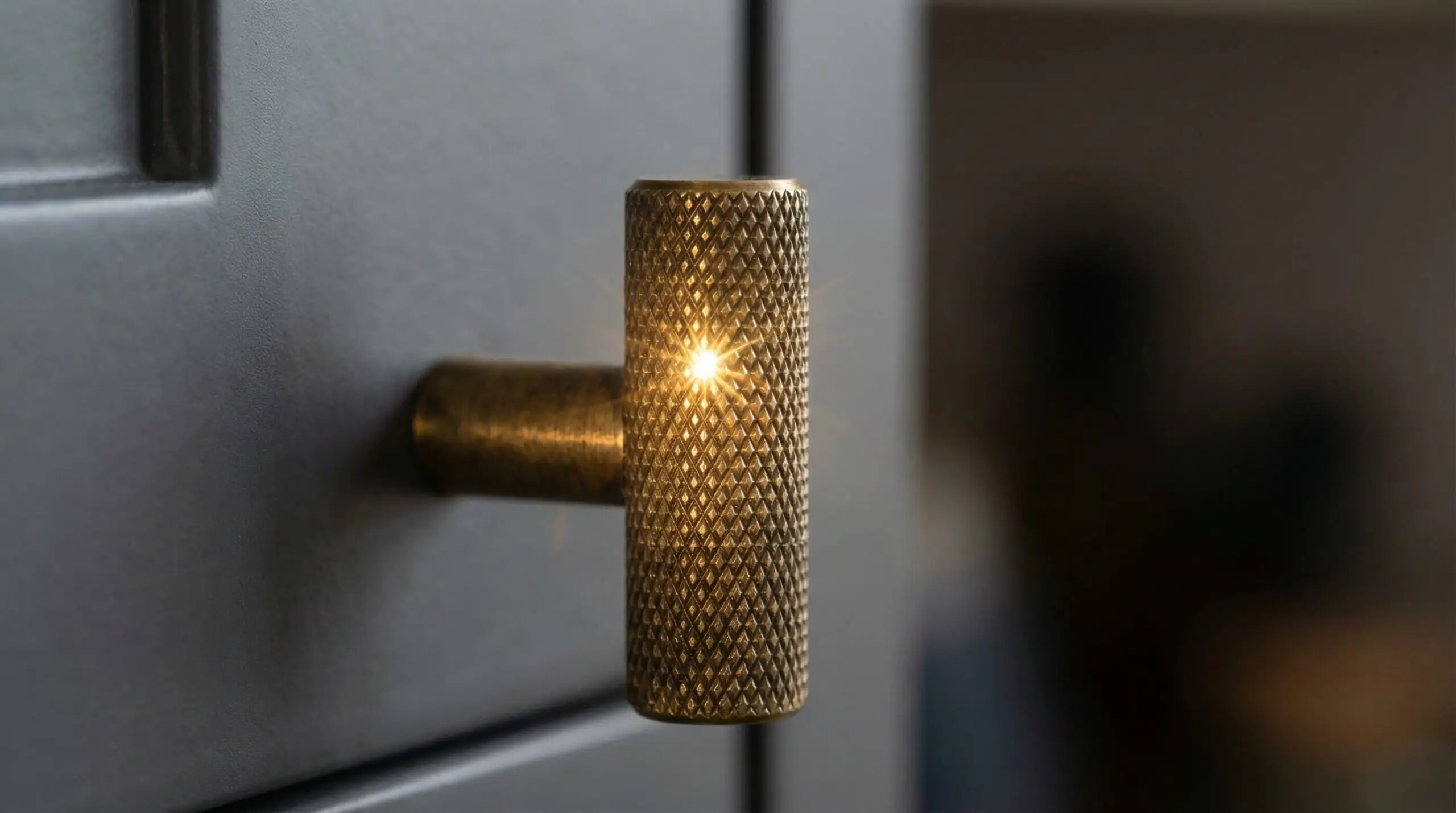 Macro close-up of a knurled diamond-cut antique brass handle on a charcoal grey cabinet door.
