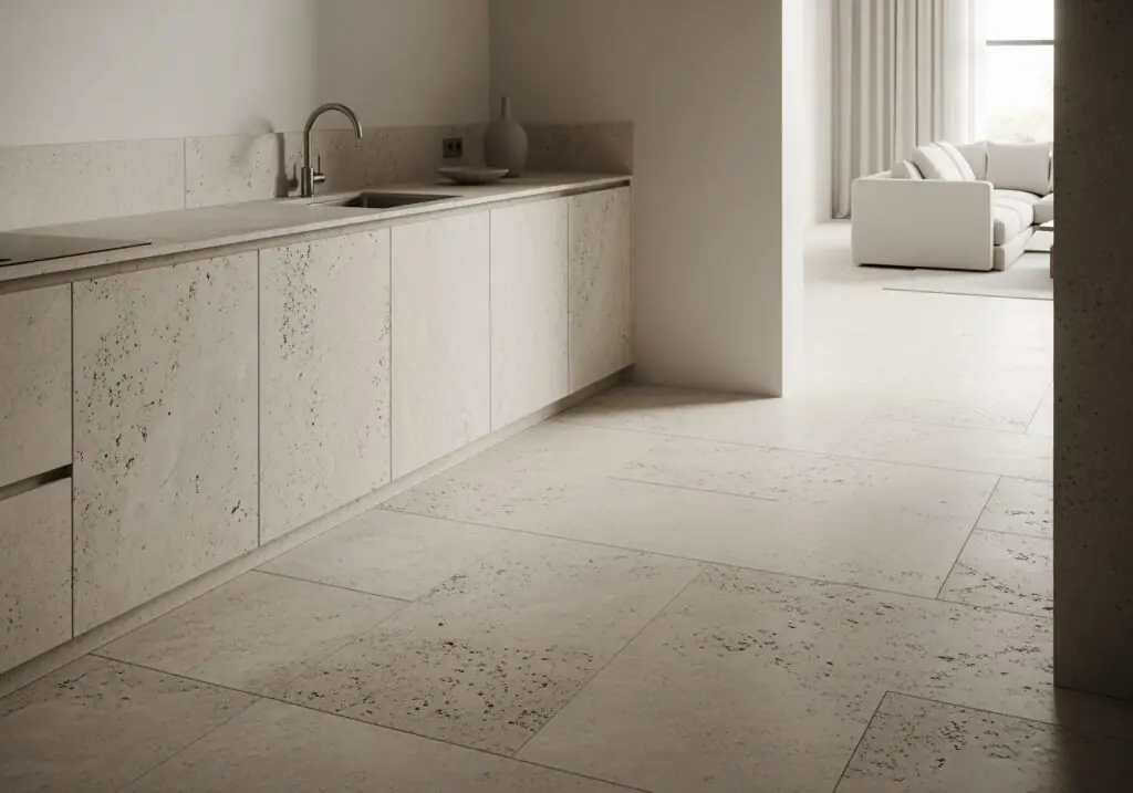 Une cuisine ultra-minimaliste avec d'imposants carreaux de porcelaine mate imitant la pierre de travertin beige à coupe transversale, créant un style monochrome harmonieux et apaisant.