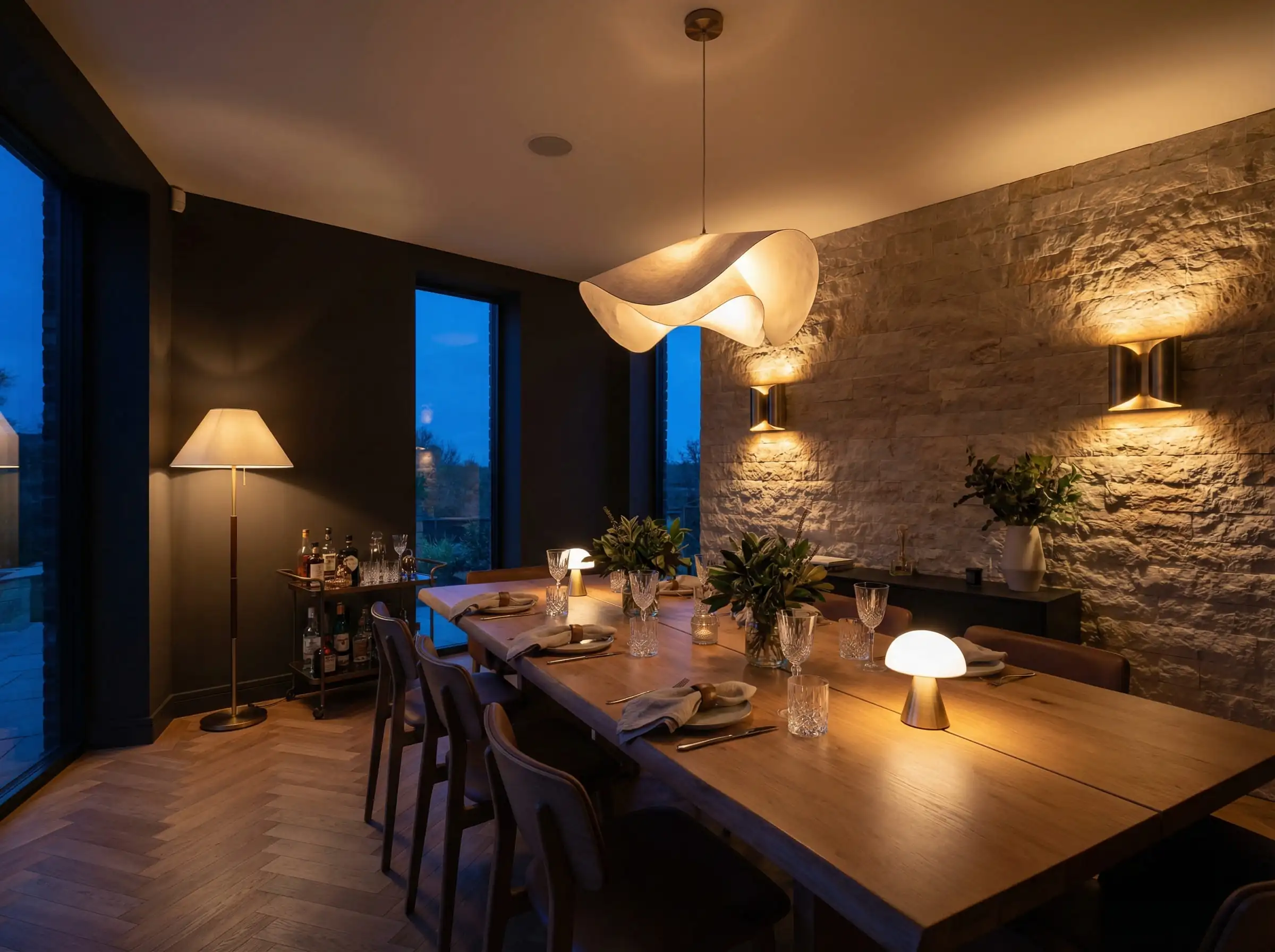 Plan large d'une salle à manger au crépuscule montrant l'éclairage général, fonctionnel et d'accentuation utilisé conjointement.
