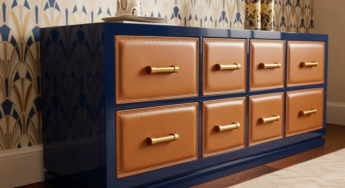 High-fashion media chest featuring saddle-stitched tan leather drawers and a high-gloss navy blue lacquer frame.