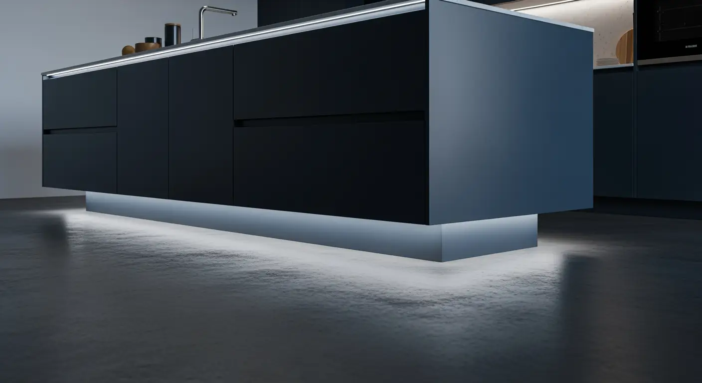 A midnight blue kitchen island appears to float above a dark concrete floor thanks to a cool white LED toe-kick light.