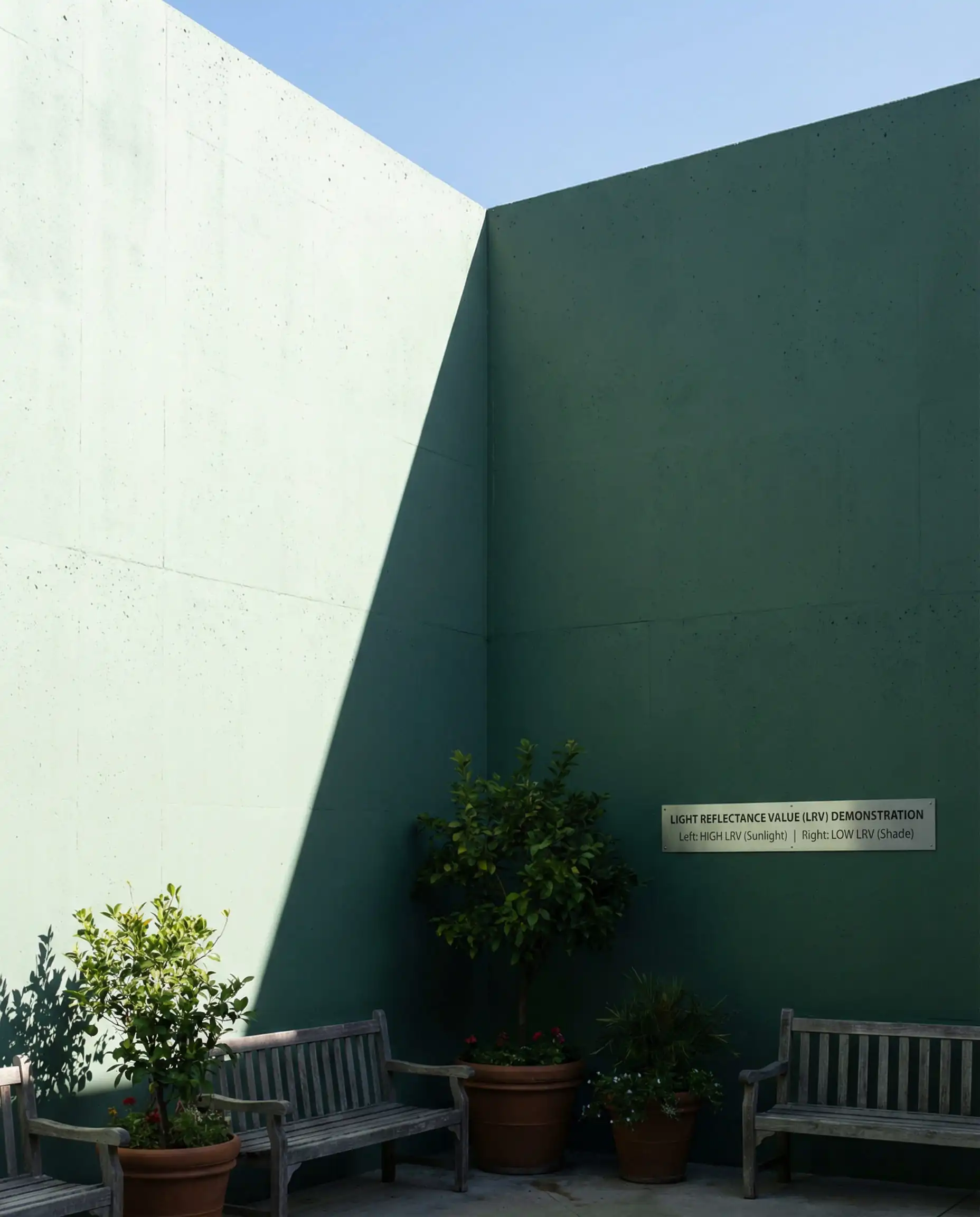 Comparison of a sage green wall in direct sunlight appearing pale versus the same wall in deep shade appearing dark green.
