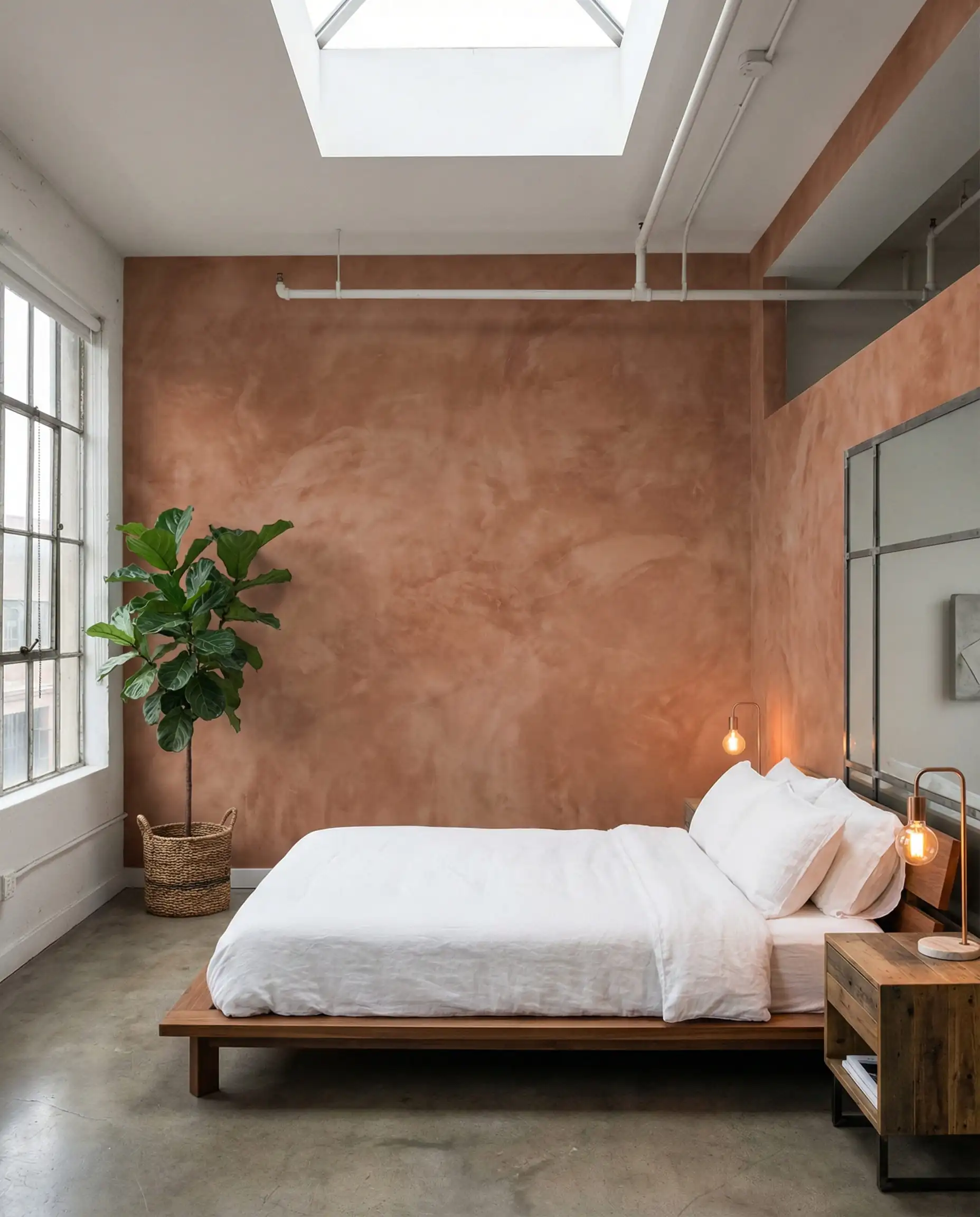 Chambre de loft urbain avec papier peint en trompe-l'œil imitant le plâtre de chaux couleur terre cuite.