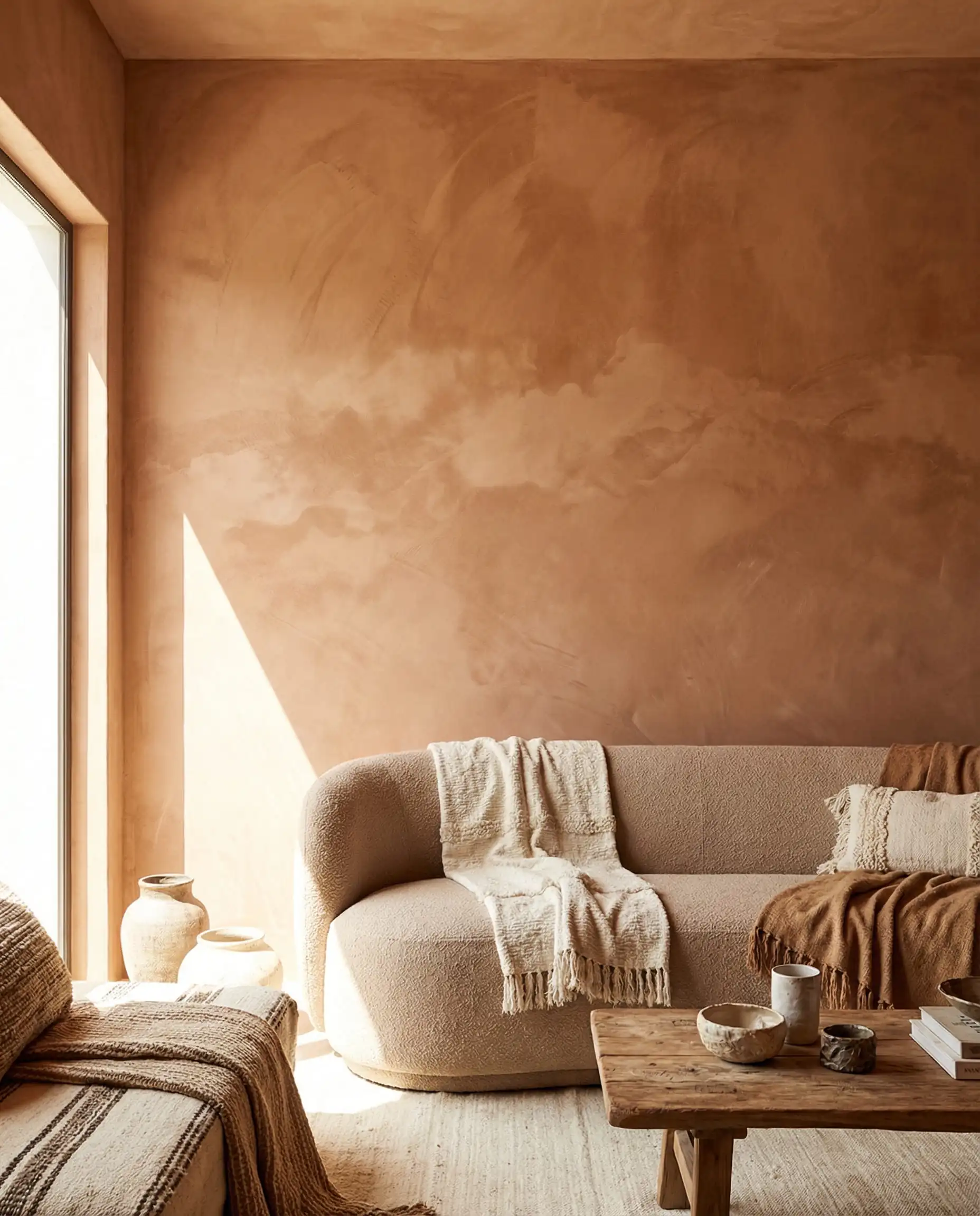 A wide, sun-drenched living room wall finished in a Roman clay plaster in a warm, baking-spice neutral (cinnamon/terracotta). This living room features Warm terracotta, natural sand, and cream bouclé tones and a wabi-sabi, sun-drenched, artisanal atmosphere.