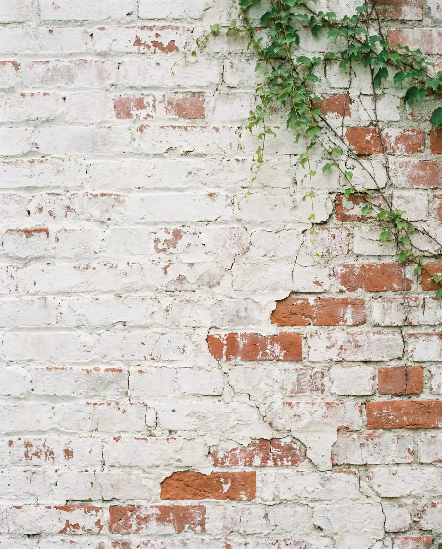 Close-up of red brick exterior wall treated with a semi-transparent white limewash finish.