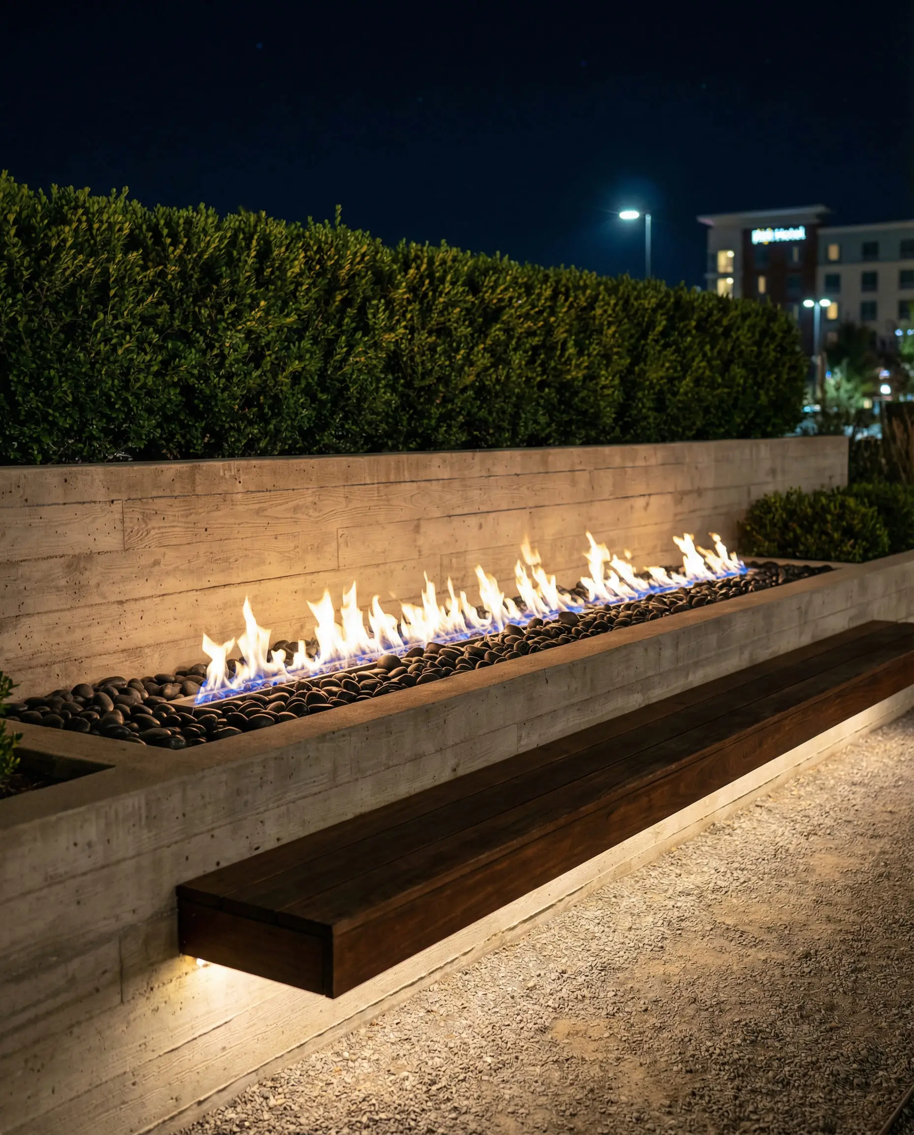 Modern linear bioethanol fireplace built into a concrete garden wall.