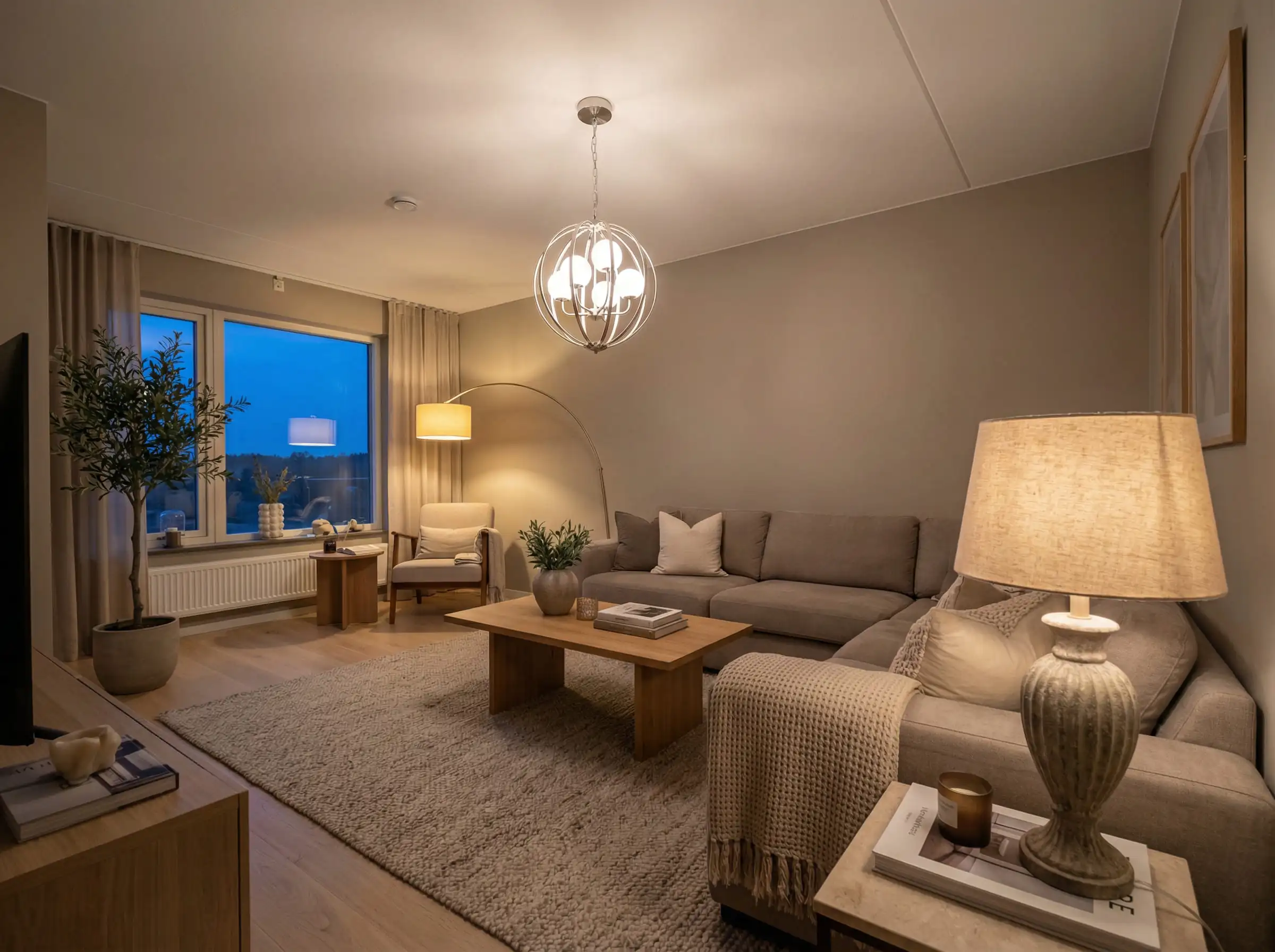Modern living room demonstrating the three-point lighting rule with a pendant, floor lamp, and table lamp all illuminated.