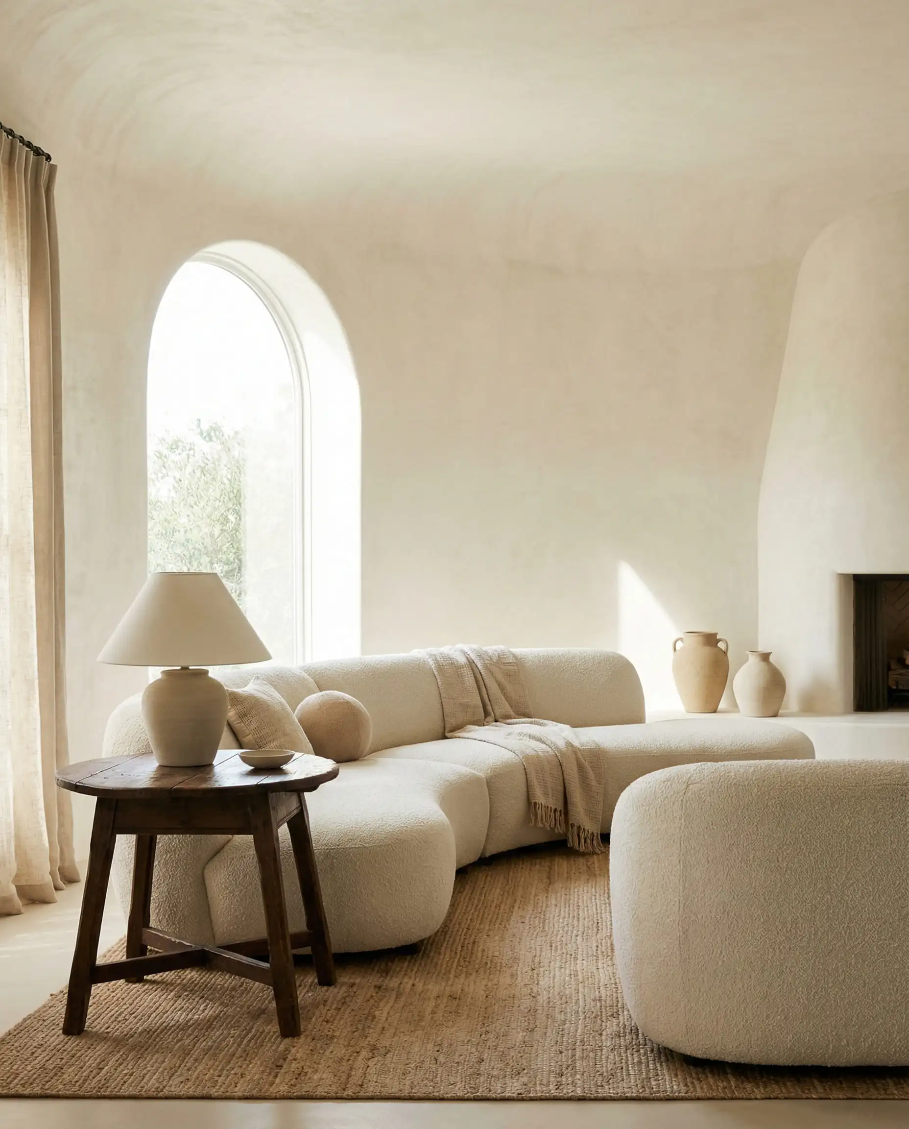 A spacious living room with all four walls wrapped in a creamy, chalky Venetian Plaster. This living room features Warm bone white, sand, and pale linen tones and a grounded, serene, quiet luxury atmosphere.