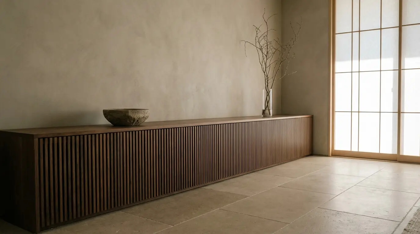 Ultra low-profile 12-inch high media console made of roasted walnut wood in a minimalist Japandi living room with lime plaster walls.