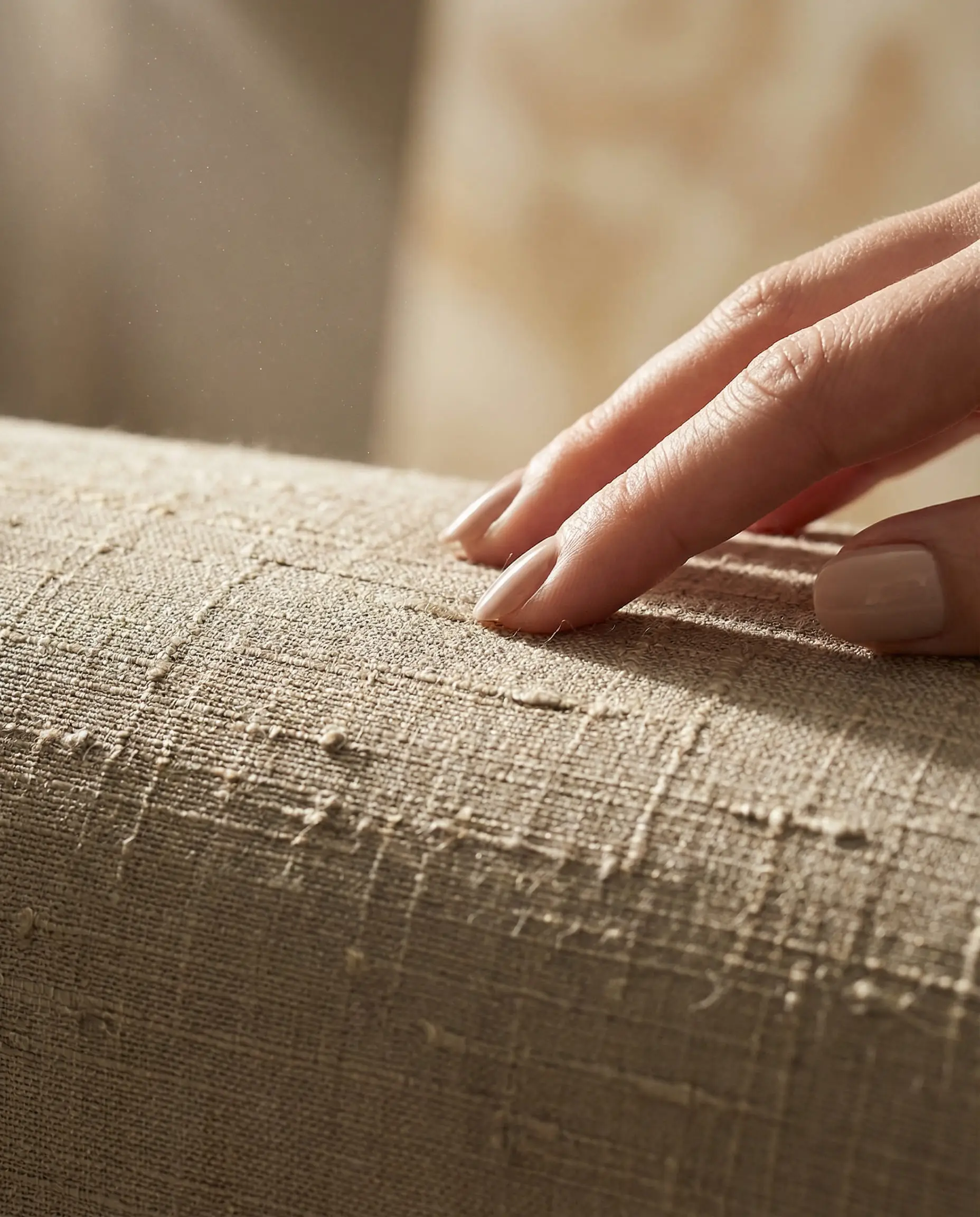 Extreme close-up of high-end raw silk wallpaper showing the intricate weave and tactile surface resistance under grazing light.