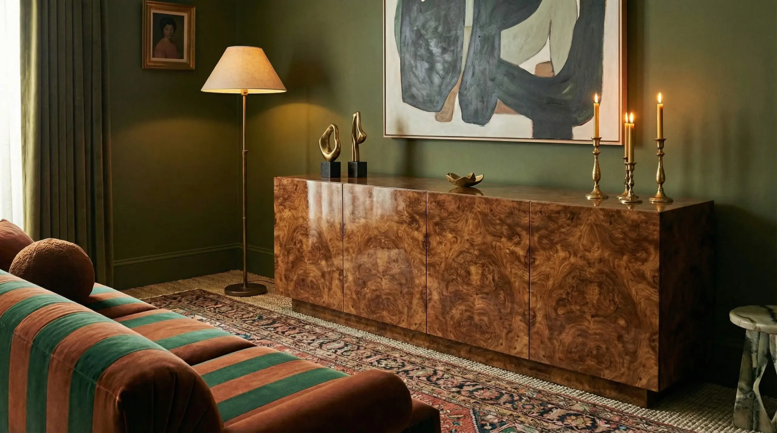 High-gloss Mappa Burl wood media console showing intense swirling grain patterns in a moody olive green room.