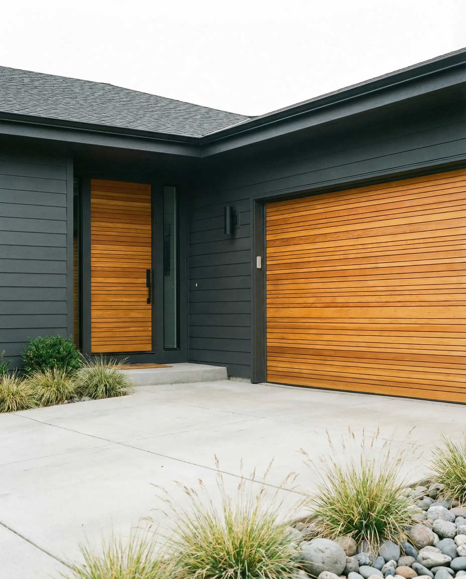 Modern home exterior featuring matching horizontal slat wood front door and garage door.