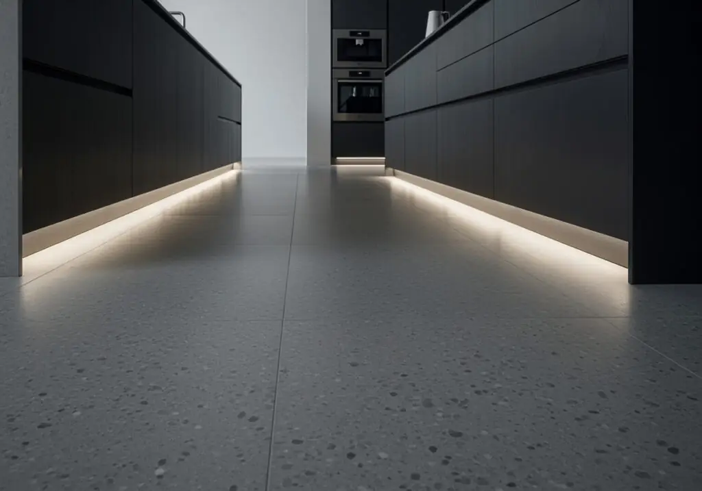 Une cuisine élégante et contemporaine, dotée d'imposants carreaux de porcelaine gris mat imitant des galets de pierre naturelle, associés à des meubles noirs pour une esthétique industrielle douce.