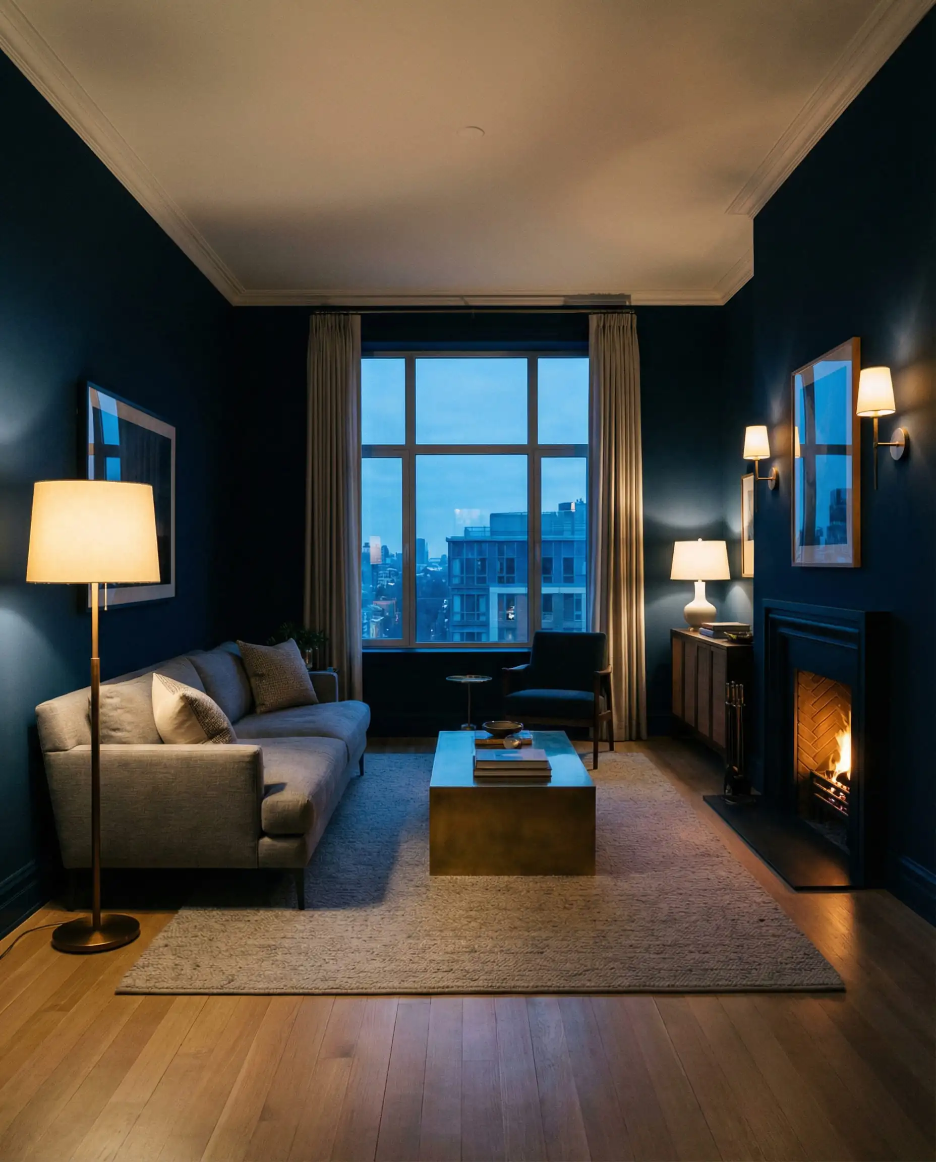 Evening shot of a living room with dark navy matte wallpaper showing no harsh glare spots under lamp light.