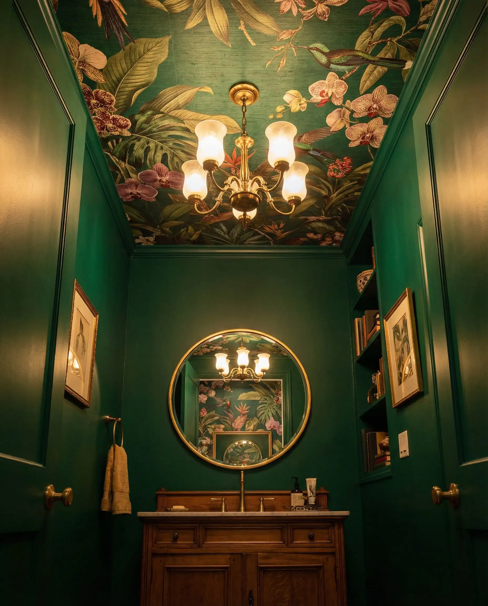 Salle d'eau avec murs vert émeraude et plafond recouvert d'un papier peint tropical à motifs botaniques audacieux.