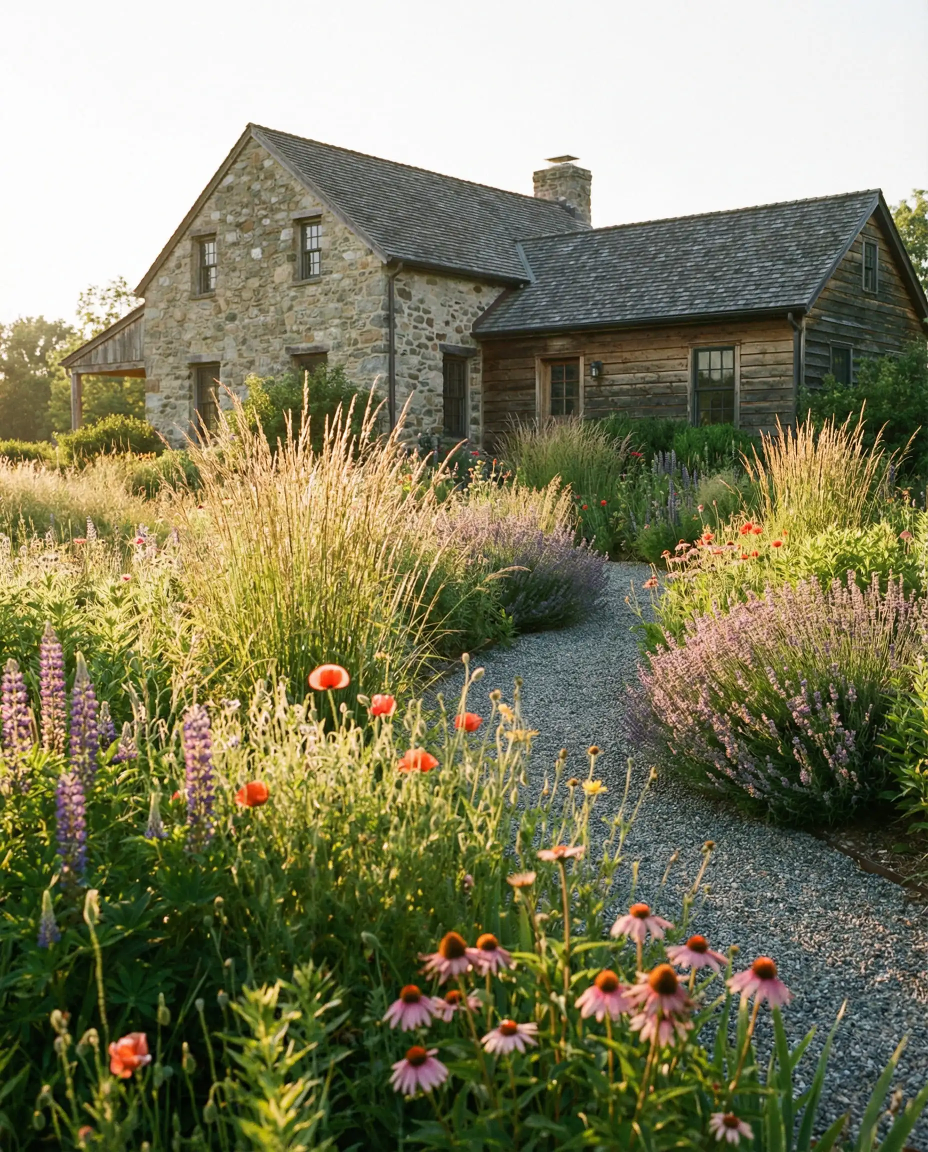 Modern farmhouse exterior surrounded by wild meadow landscaping and tall grasses.