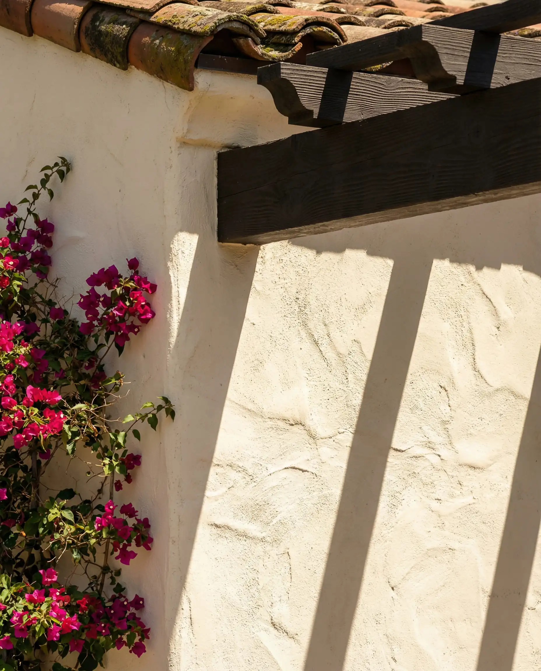 Close-up of textured stucco walls painted in a sun-baked creamy white color (Swiss Coffee) with shadows from a pergola.
