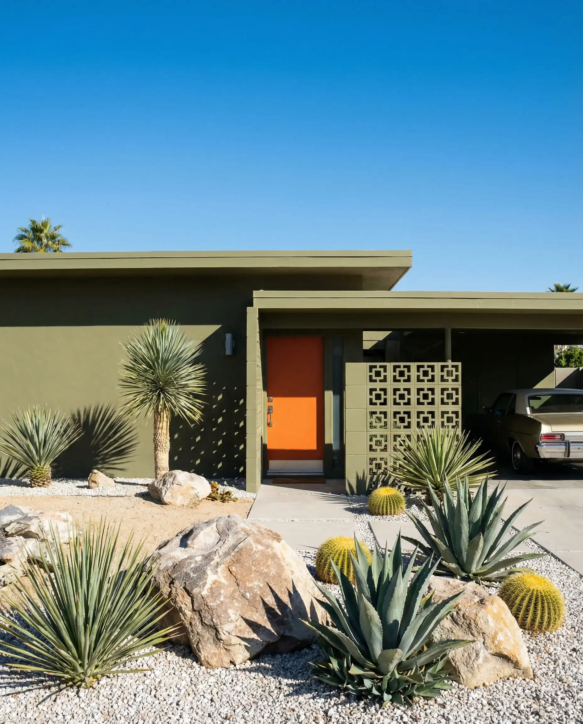 A sleek Mid-Century Modern home painted in earthy Olive Green with a bright orange door and desert landscaping.