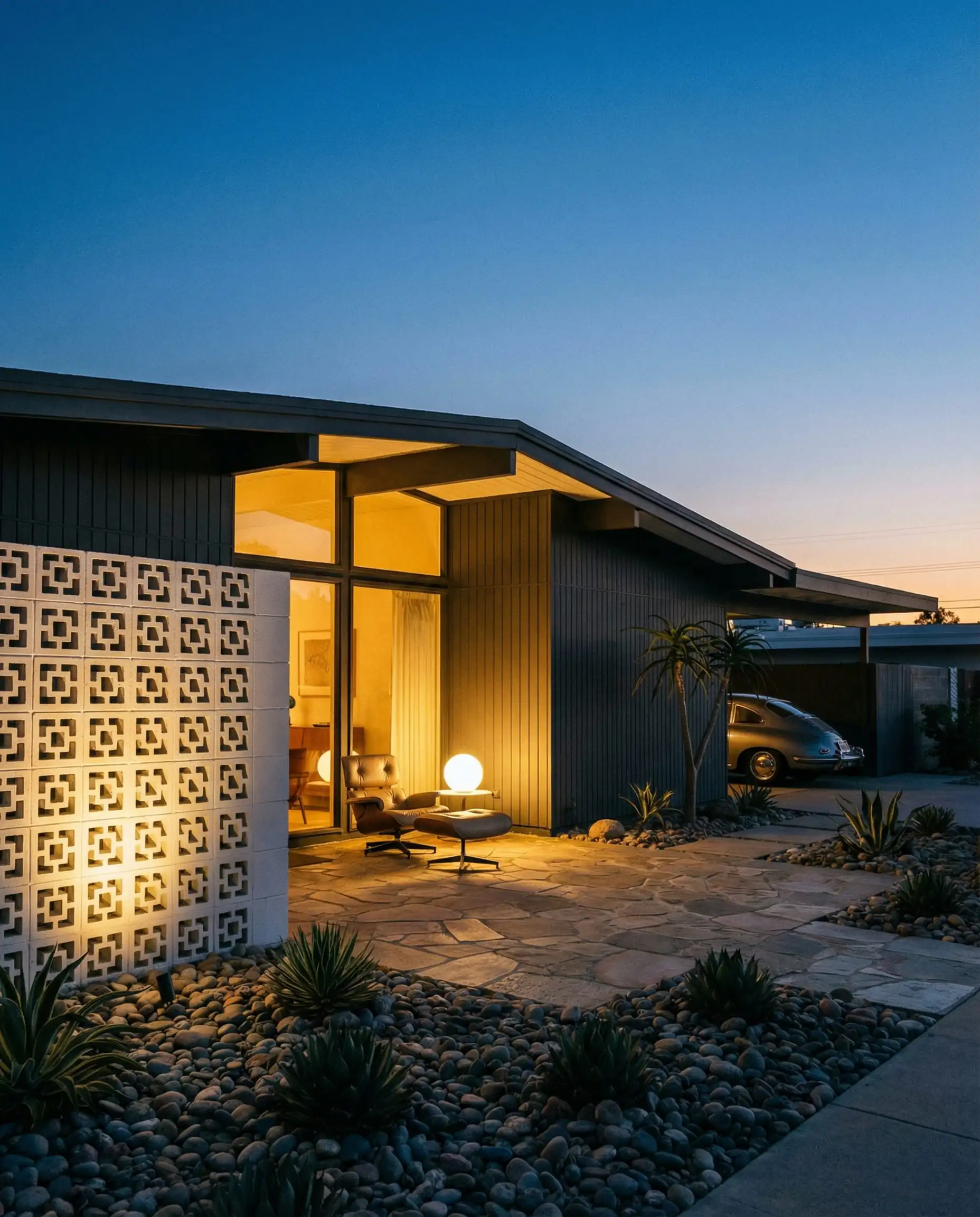 Mid-century home painted in dark charcoal grey with breeze blocks, illuminated at twilight.