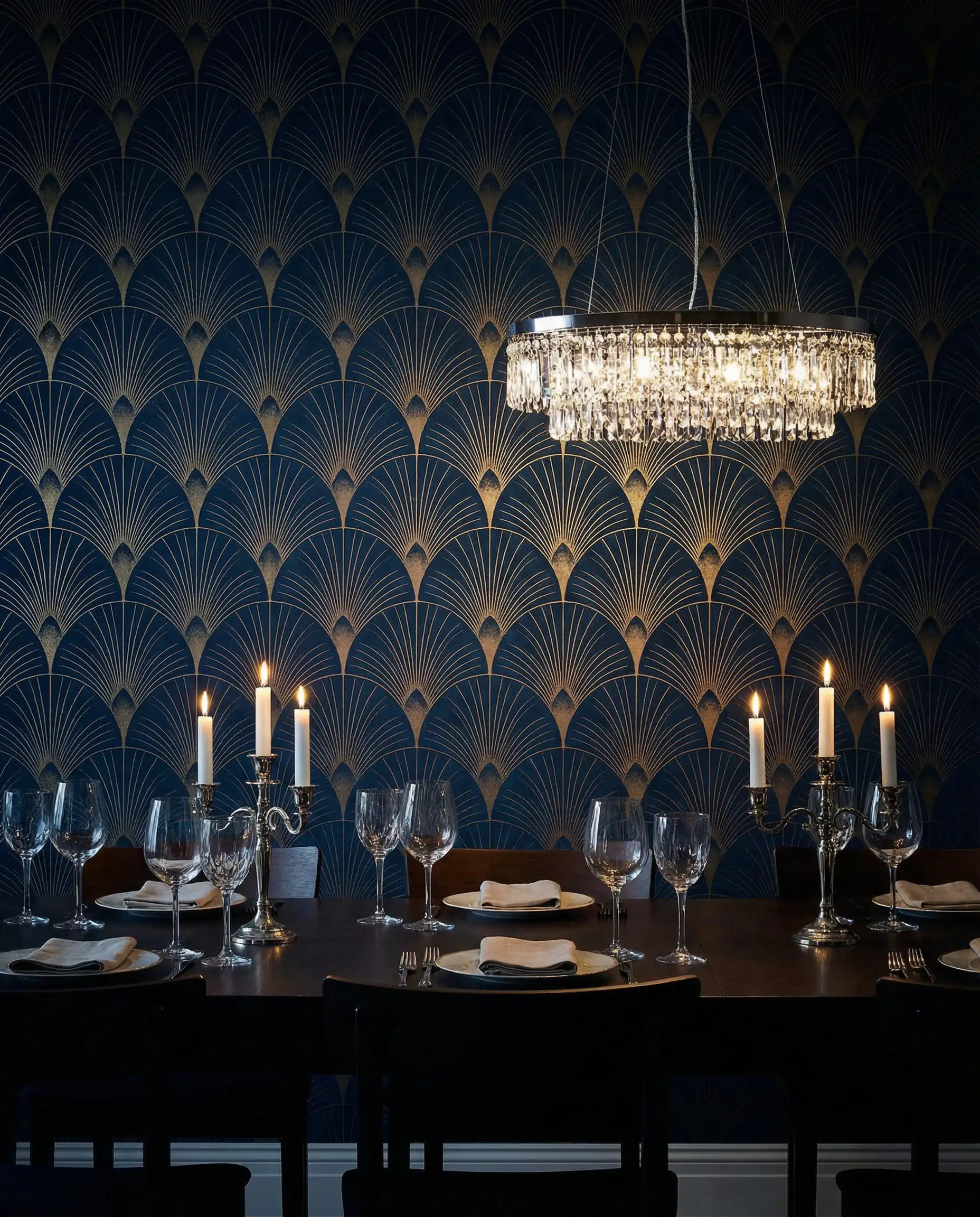 Salle à manger d'ambiance avec papier peint texturé bleu nuit avec des motifs d'éventails Art Déco métalliques dorés.