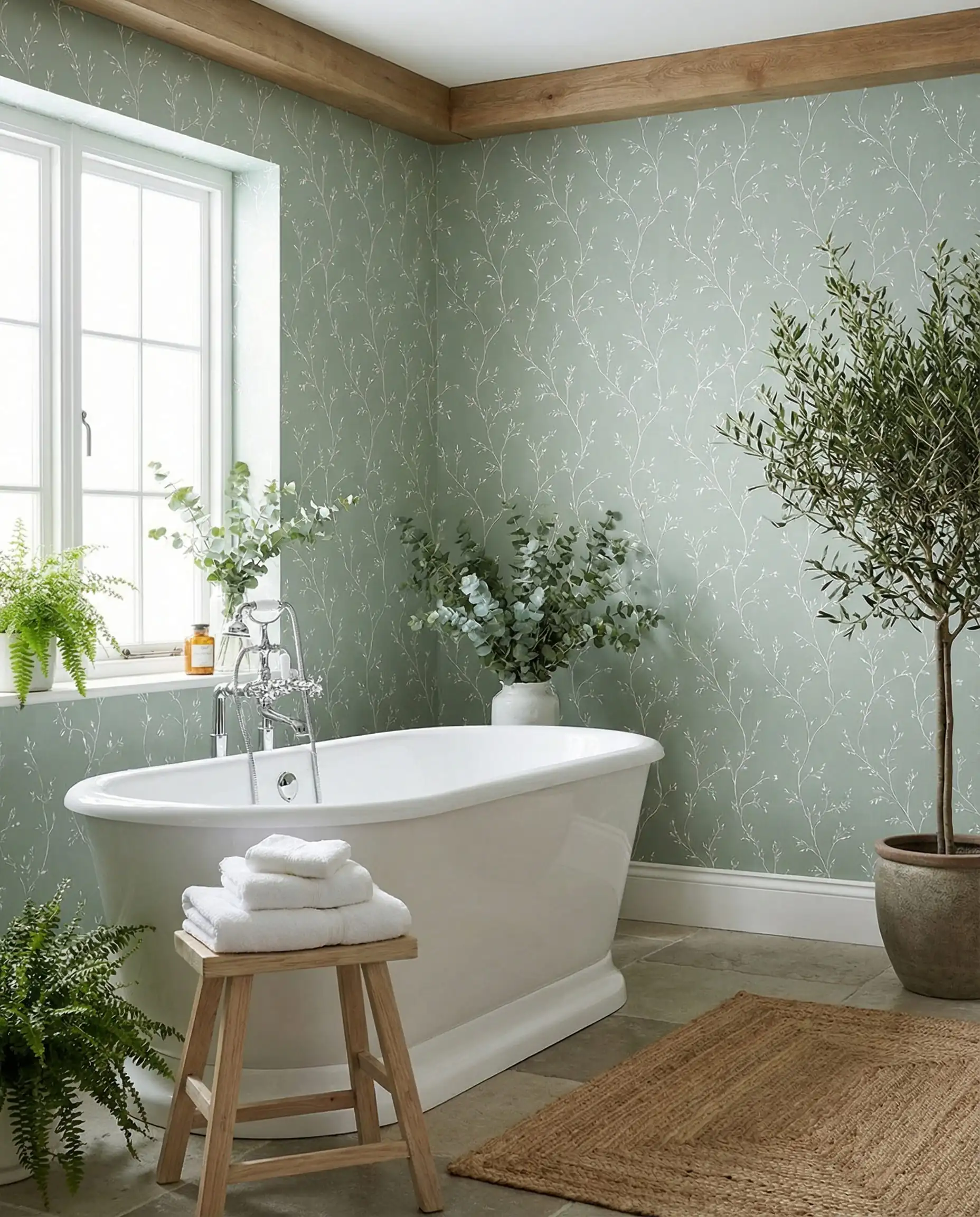 Salle de bain de type spa avec papier peint vert sauge minéral présentant un délicat motif de vigne blanche.