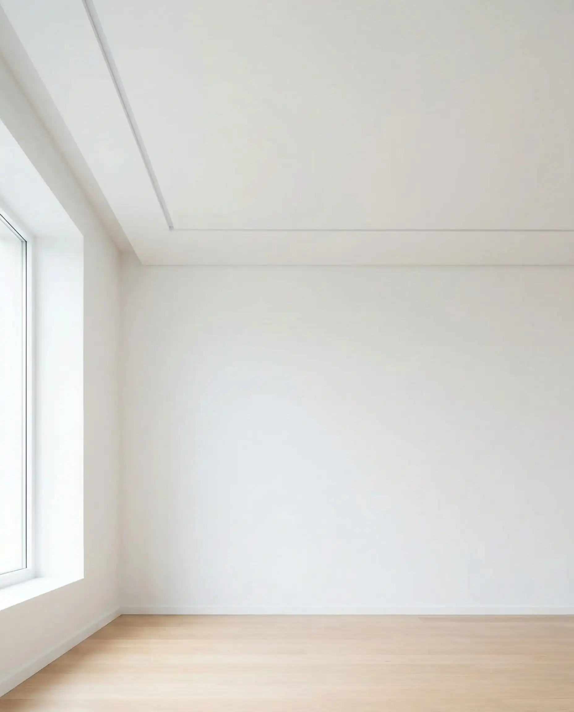 Plafond blanc minimaliste avec un fin canal d'éclairage encastré, visible de jour (lumière éteinte).