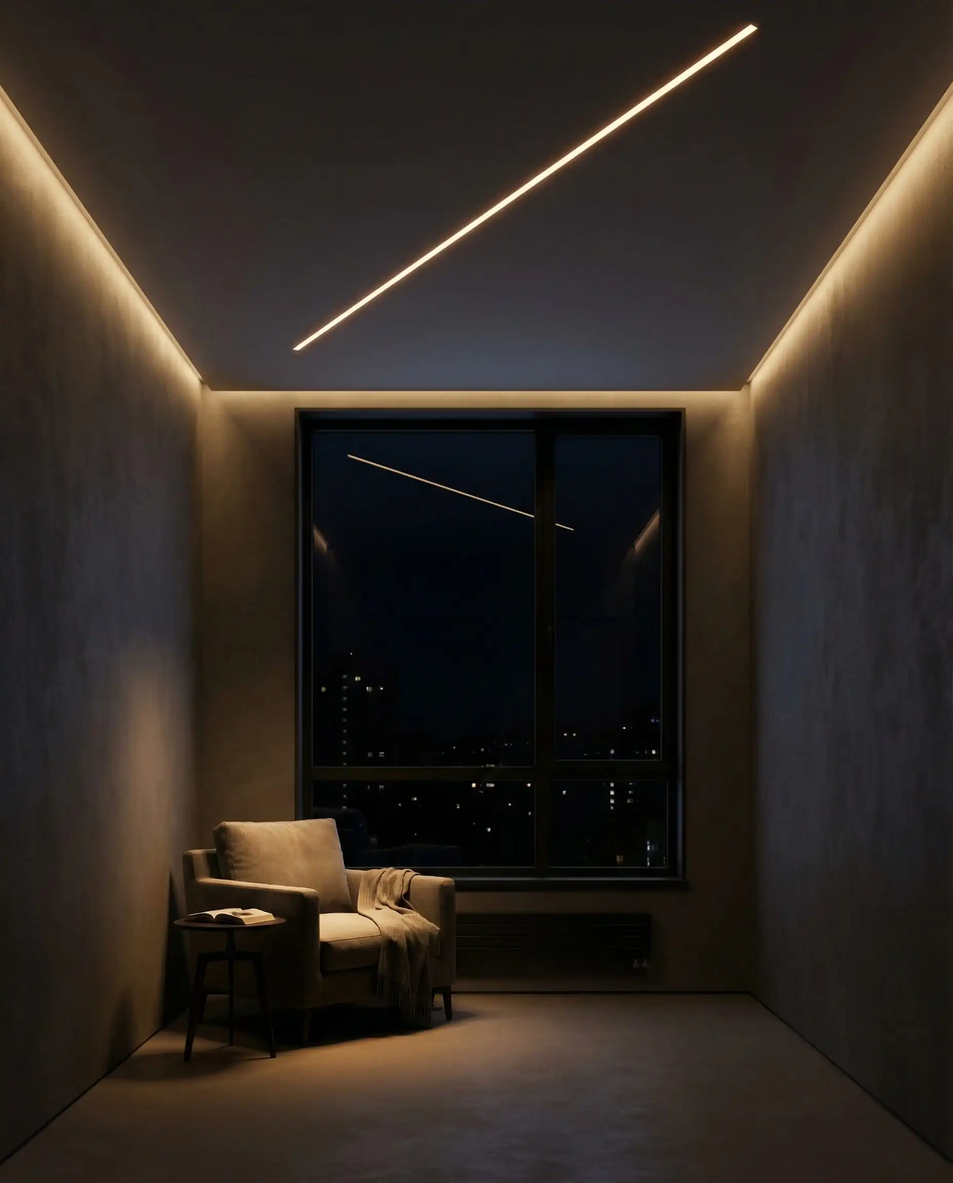 Vue nocturne d'une pièce minimaliste où le fin profilé encastré au plafond s'illumine d'une lumière LED chaude.