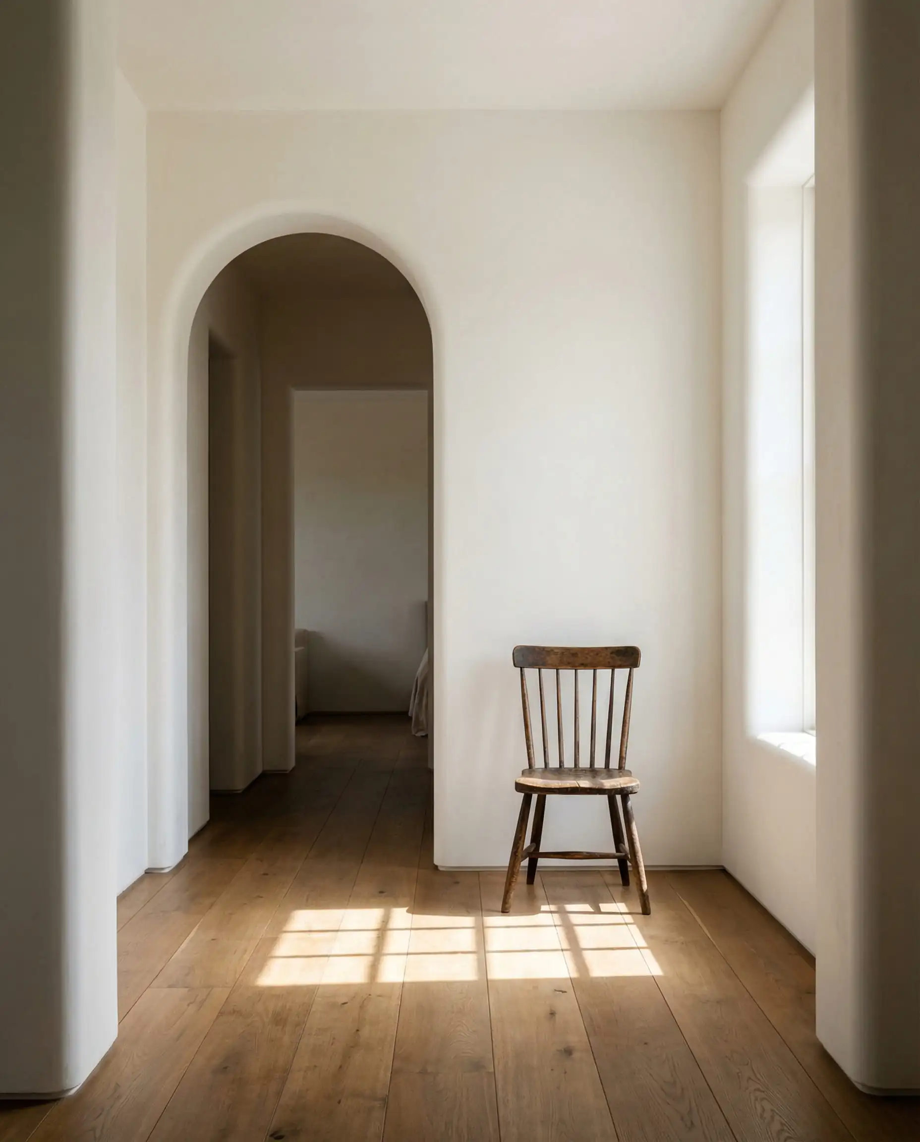 Vertical shot of a warm minimalist hallway with arched doorway, white plaster walls, and a single antique wooden chair.