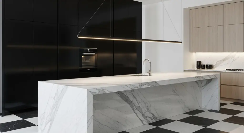 Un élégant luminaire suspendu linéaire à LED noir mat, fin et élégant, surplombe un îlot de cuisine en marbre blanc de Carrare aux bords nets.