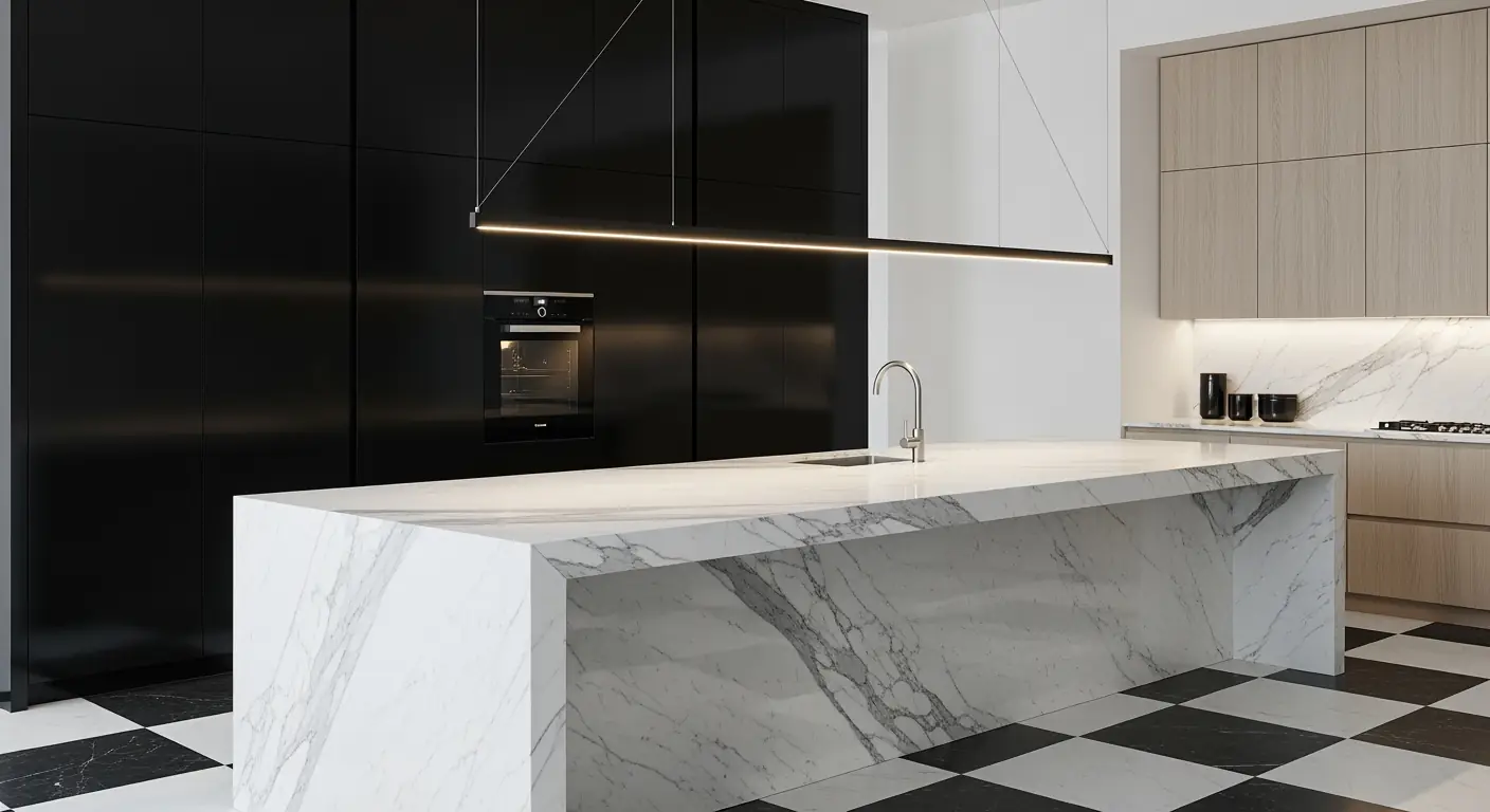 A sleek, thin matte black linear LED pendant hangs above a sharp-edged white Carrara marble kitchen island.