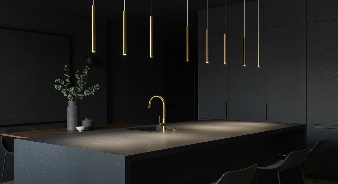 Tiny, delicate satin gold micro-pendant lights hang over a massive, dark grey soapstone kitchen island in a minimalist setting.