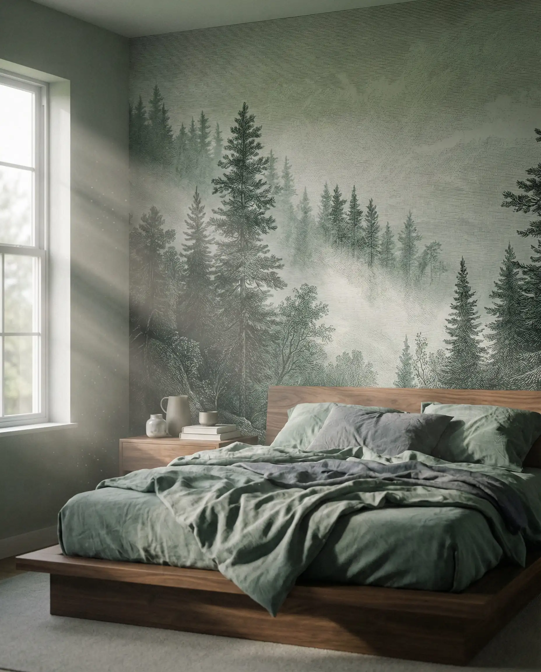 Chambre principale avec une murale panoramique de forêt brumeuse vert sauge et des meubles en noyer.