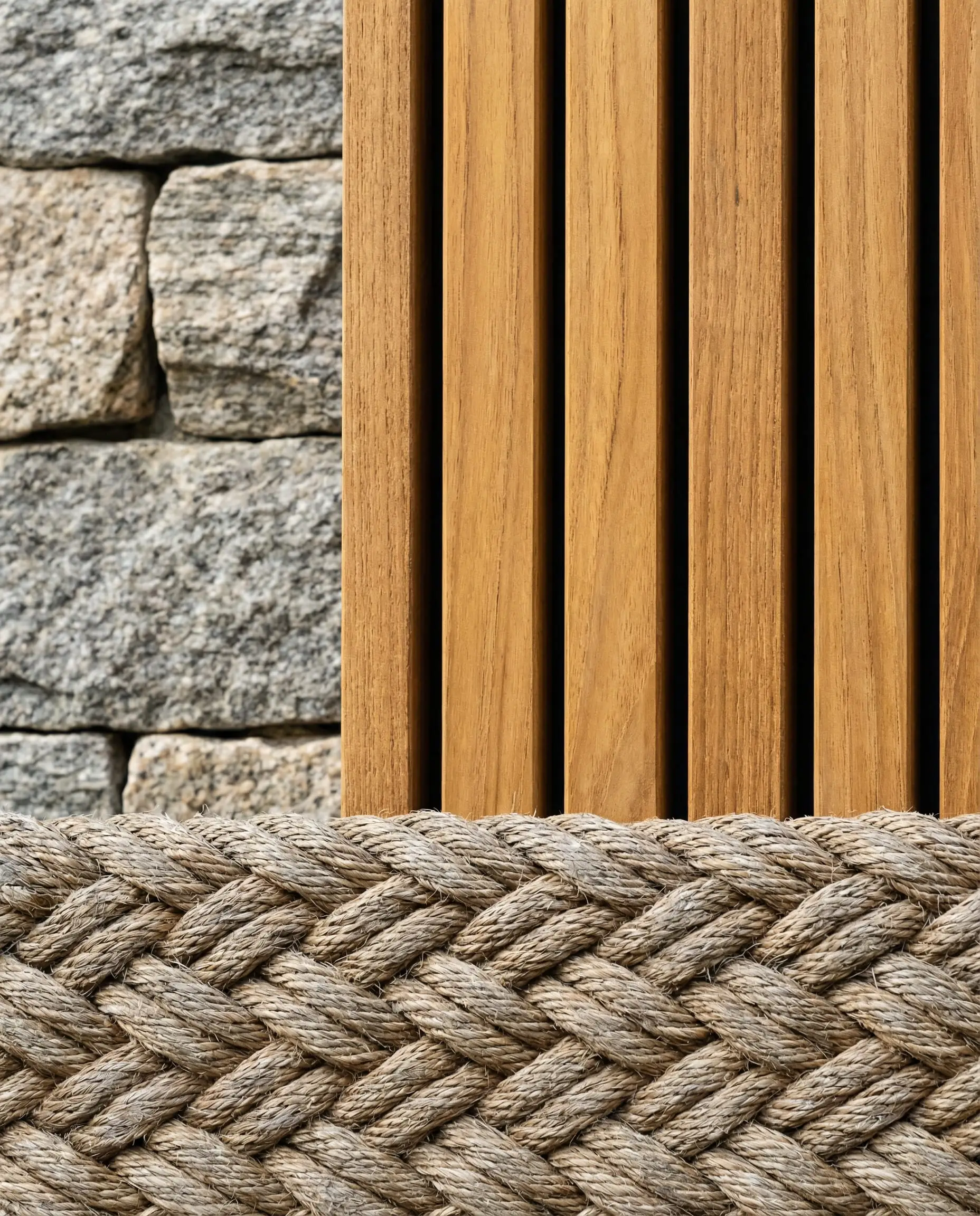 Close up texture shot showing stone, teak wood, and woven rope materials together.